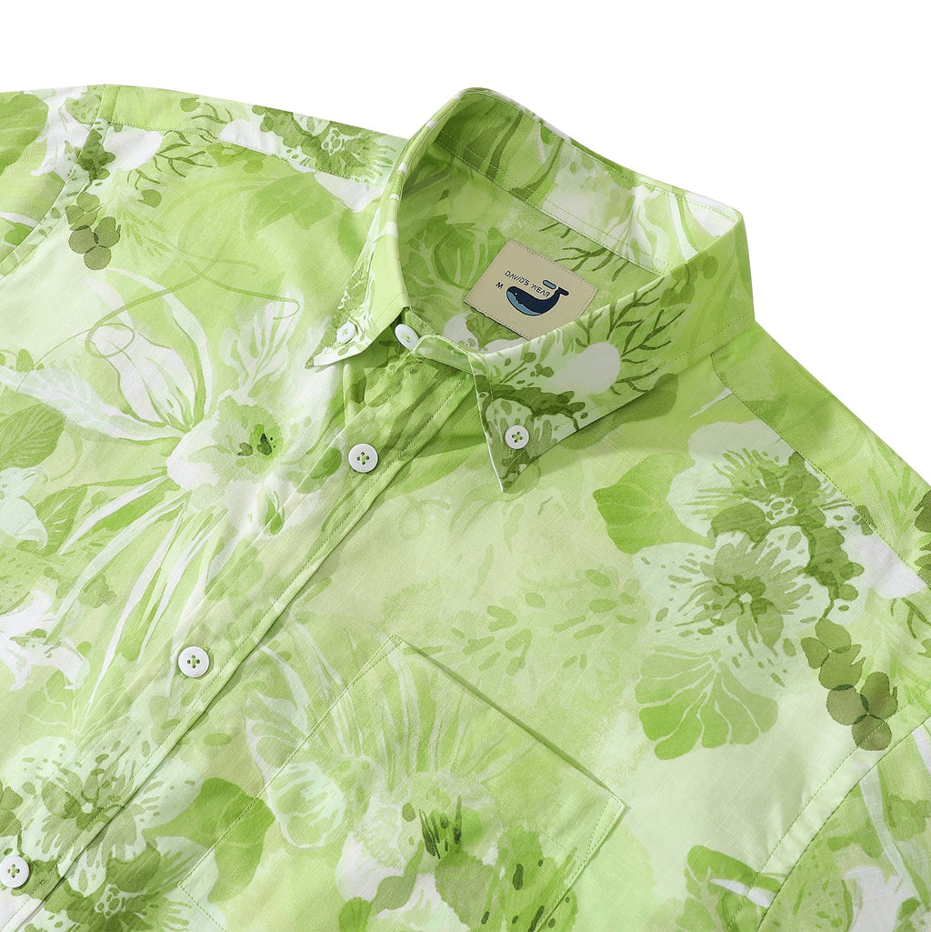 Men's Tropical Green Floral Cotton Short Sleeve Aloha Shirt