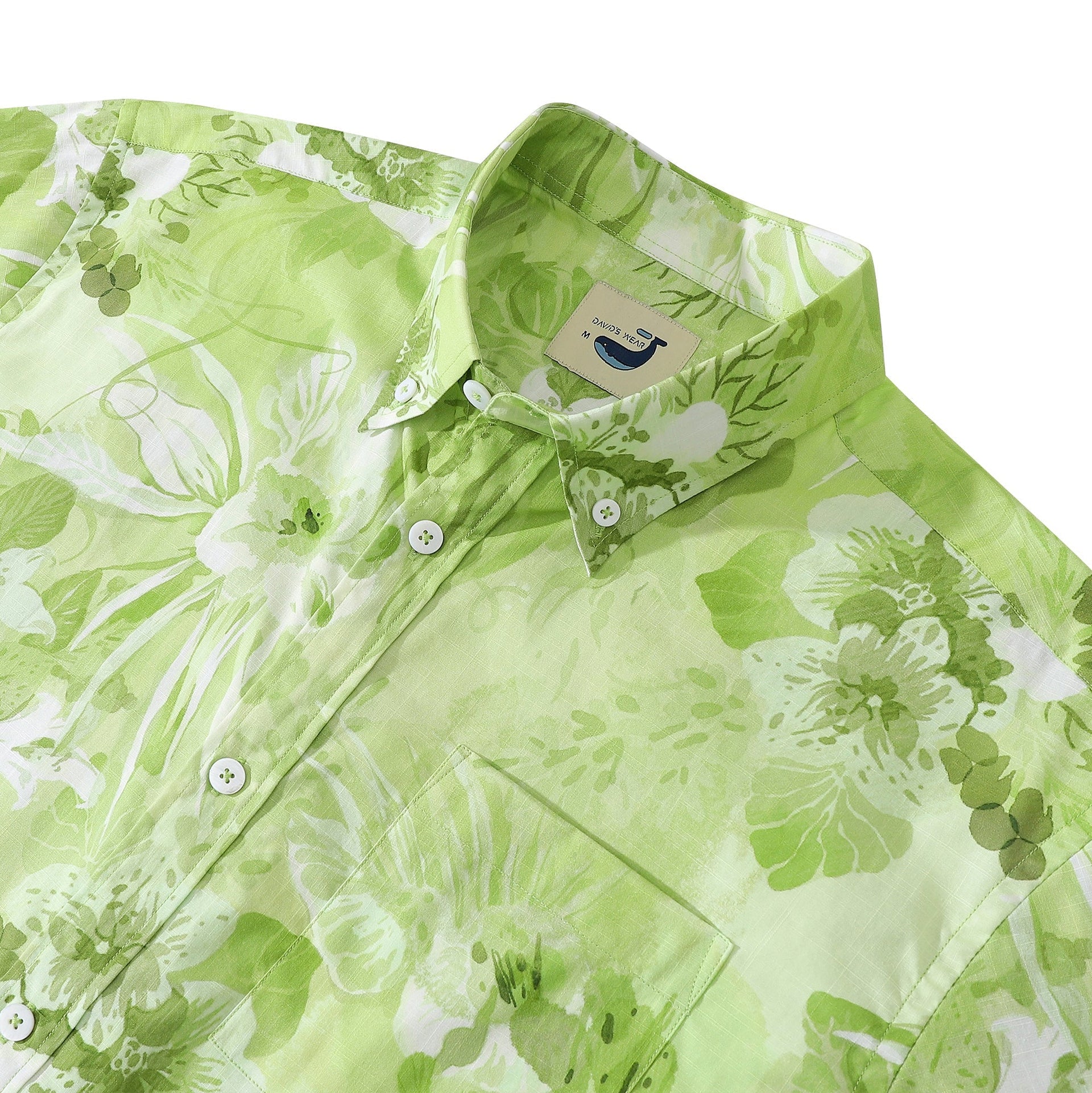 Men's Tropical Green Floral Cotton Short Sleeve Aloha Shirt