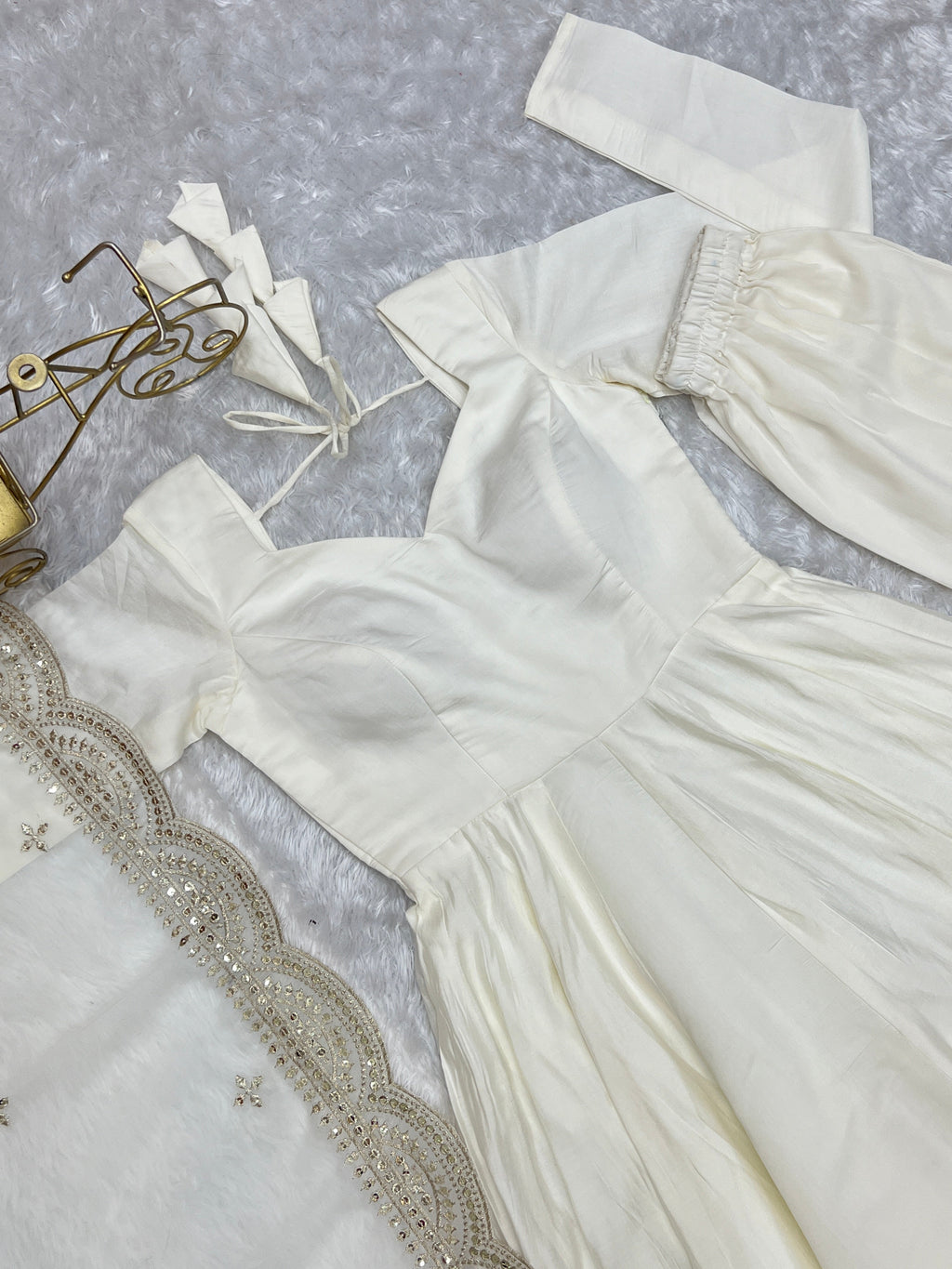 Off-white Pure Roman Silk Chanderi Flared Anarkali Pant Set