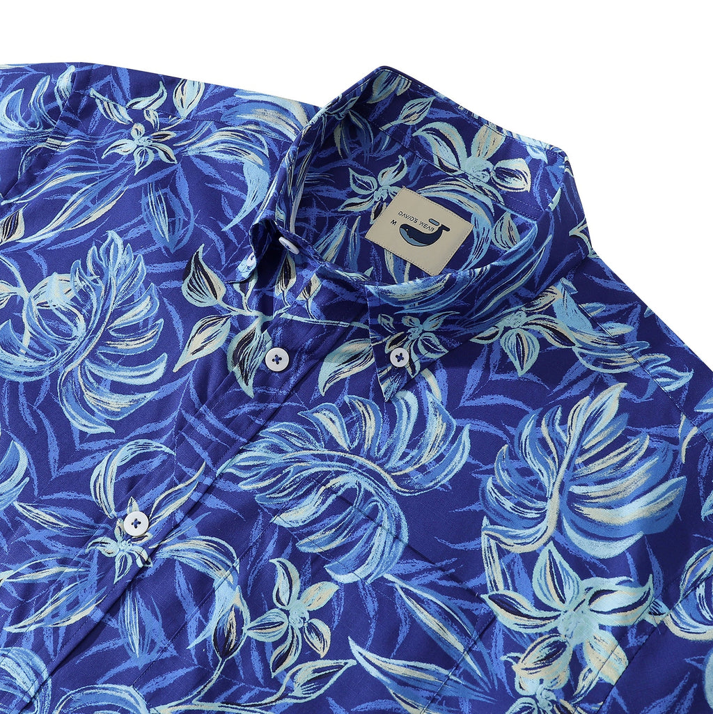 Tropical Hawaiian Shirt Men's Cotton Short Sleeve Blue Aloha Top