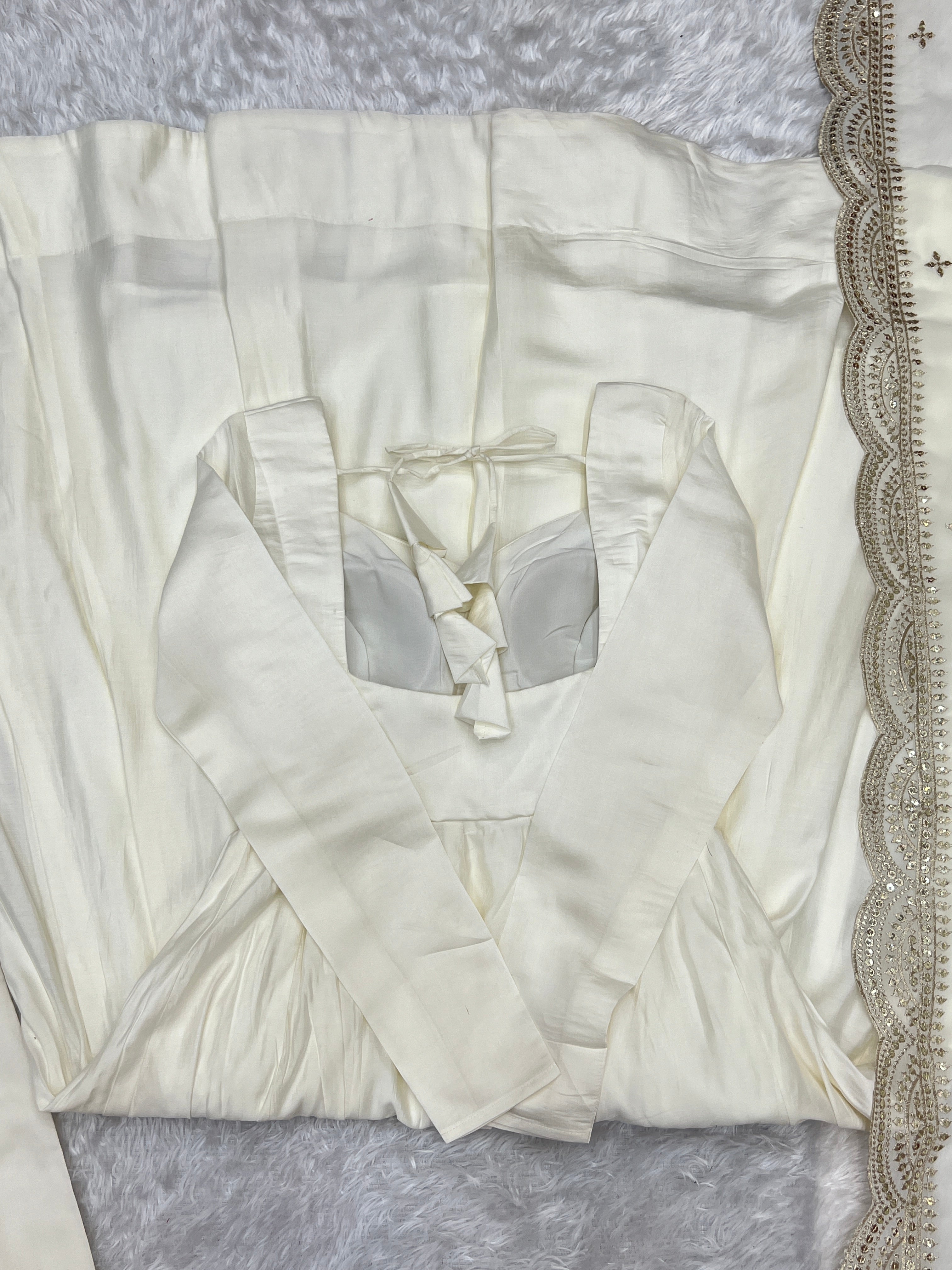 Off-white Pure Roman Silk Chanderi Flared Anarkali Pant Set