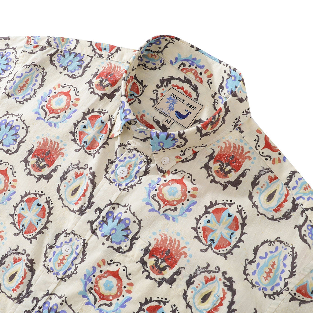 Men's Exotic Print Hawaiian Button-Down Shirt in Off-White & Red