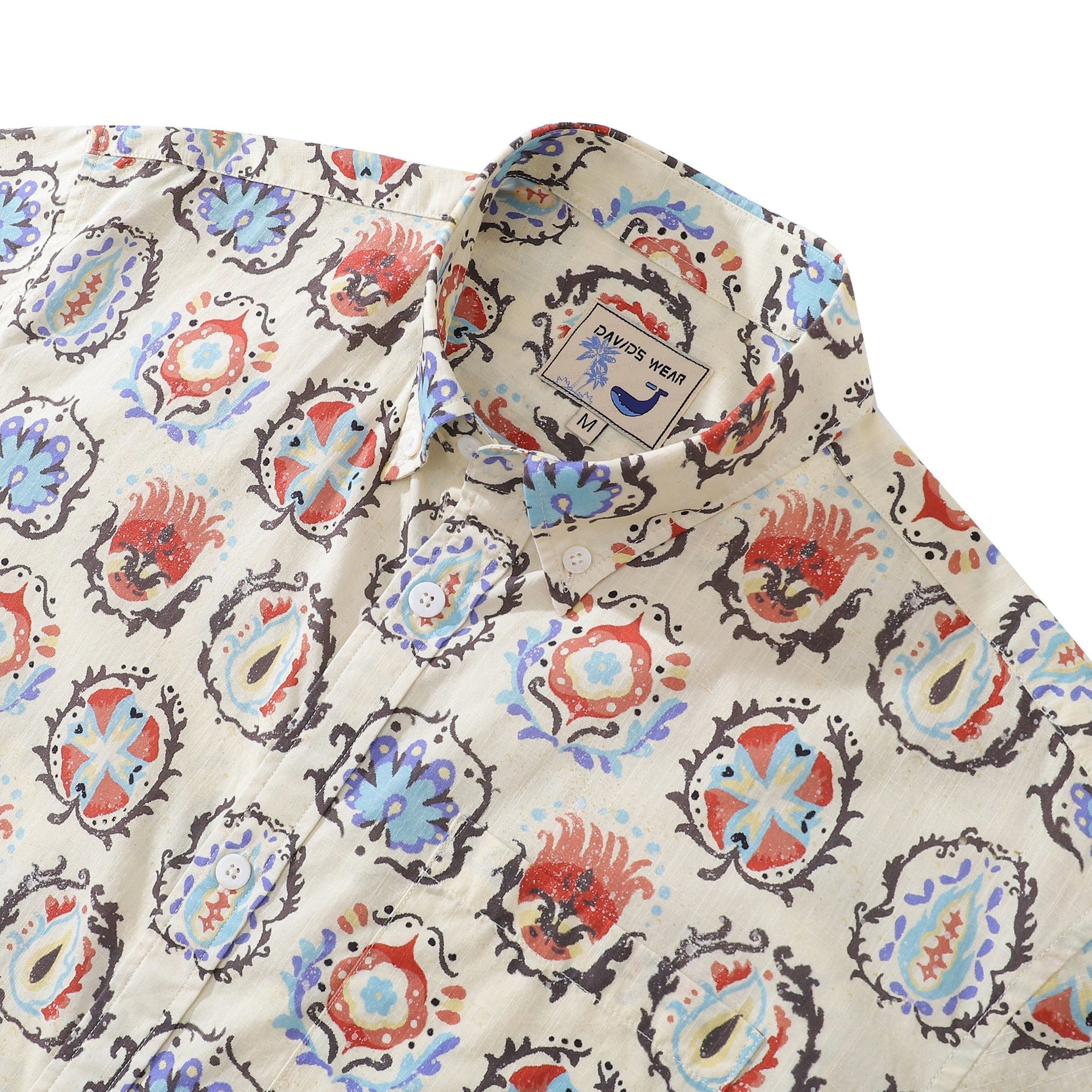 Men's Exotic Print Hawaiian Button-Down Shirt in Off-White & Red