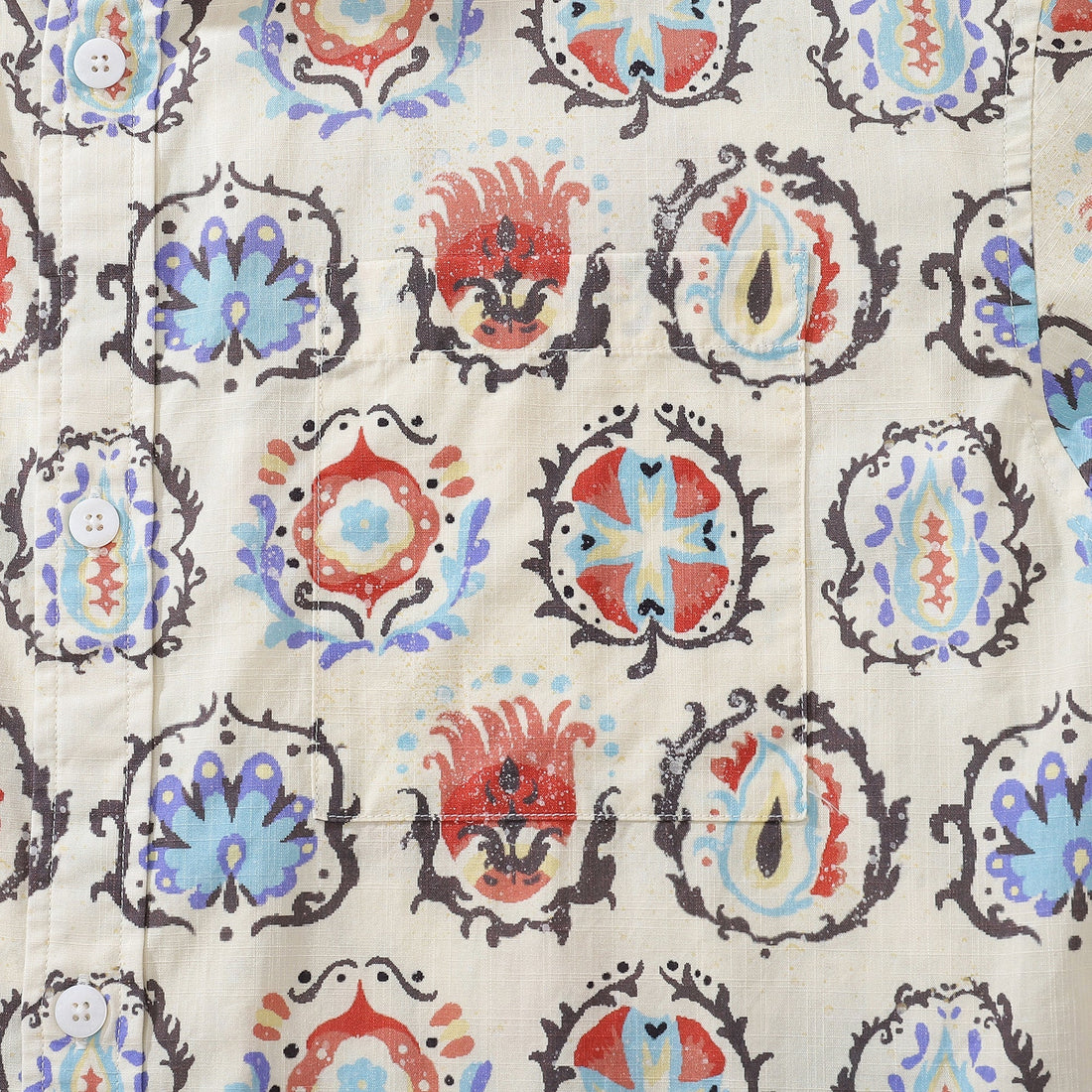 Men's Exotic Print Hawaiian Button-Down Shirt in Off-White & Red