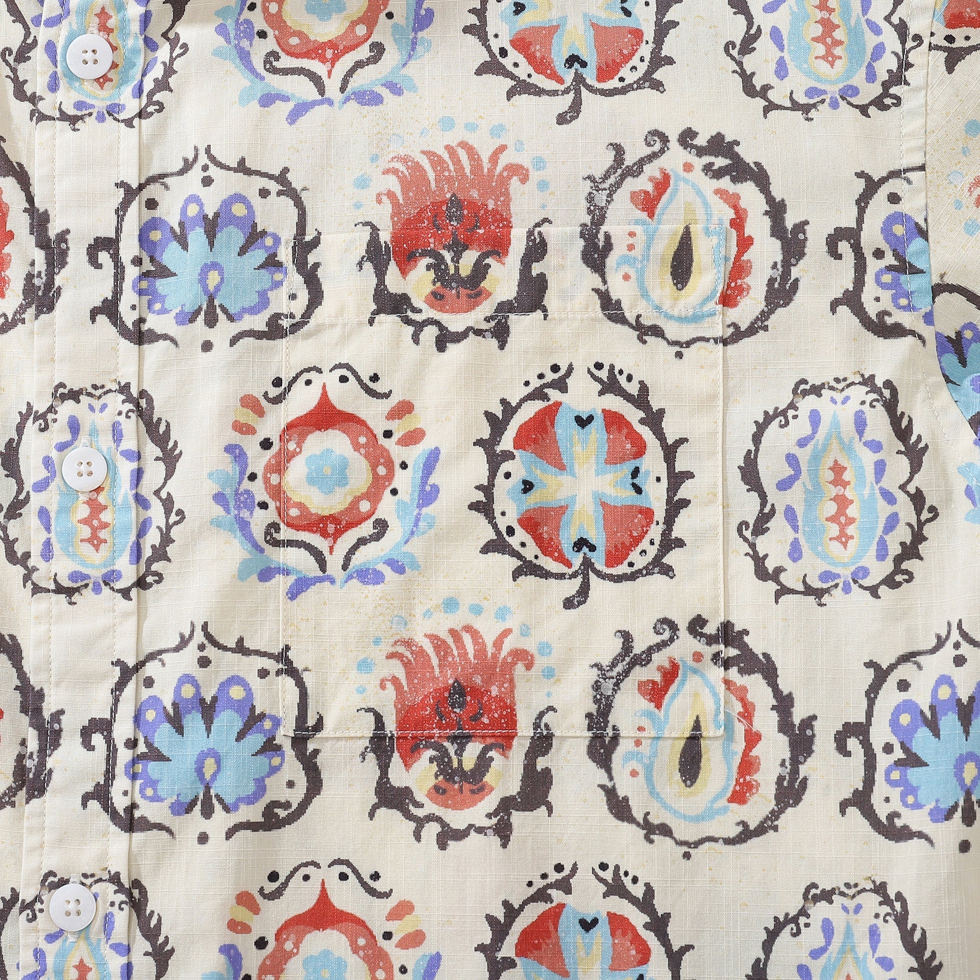 Men's Exotic Print Hawaiian Button-Down Shirt in Off-White & Red