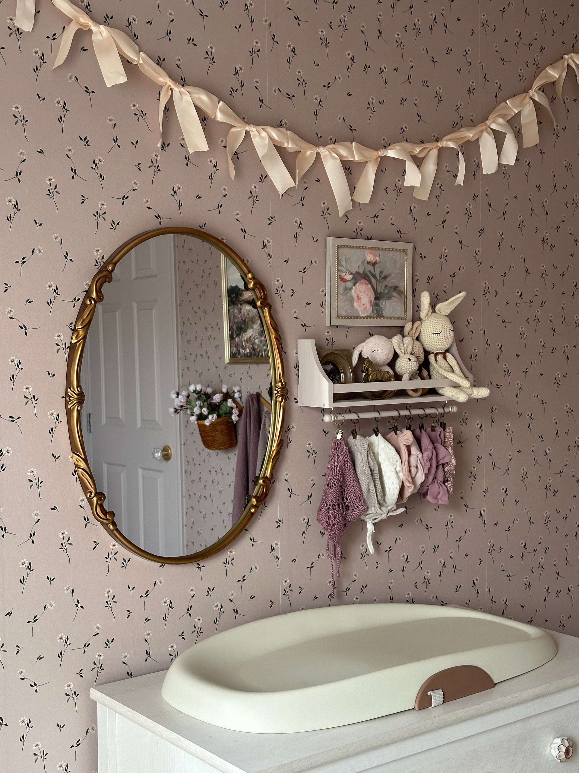 Brigitta Floral Wallpaper in Dusty-Rose and Muted-Green Decor