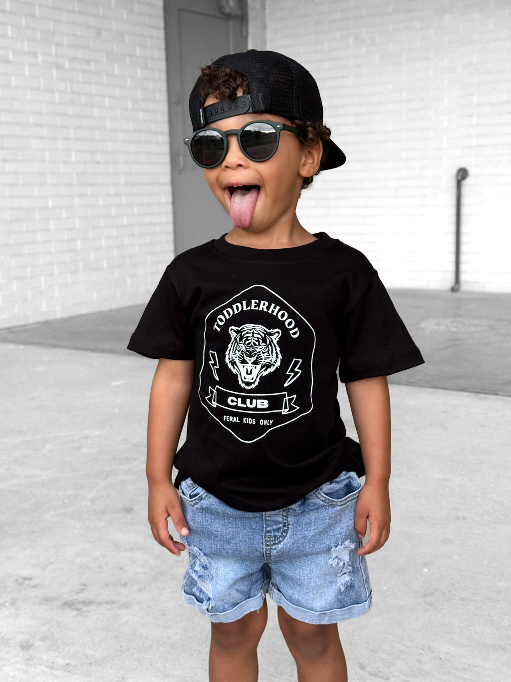 Toddlerhood Club Feral Kids Only black and white graphic tee for kids