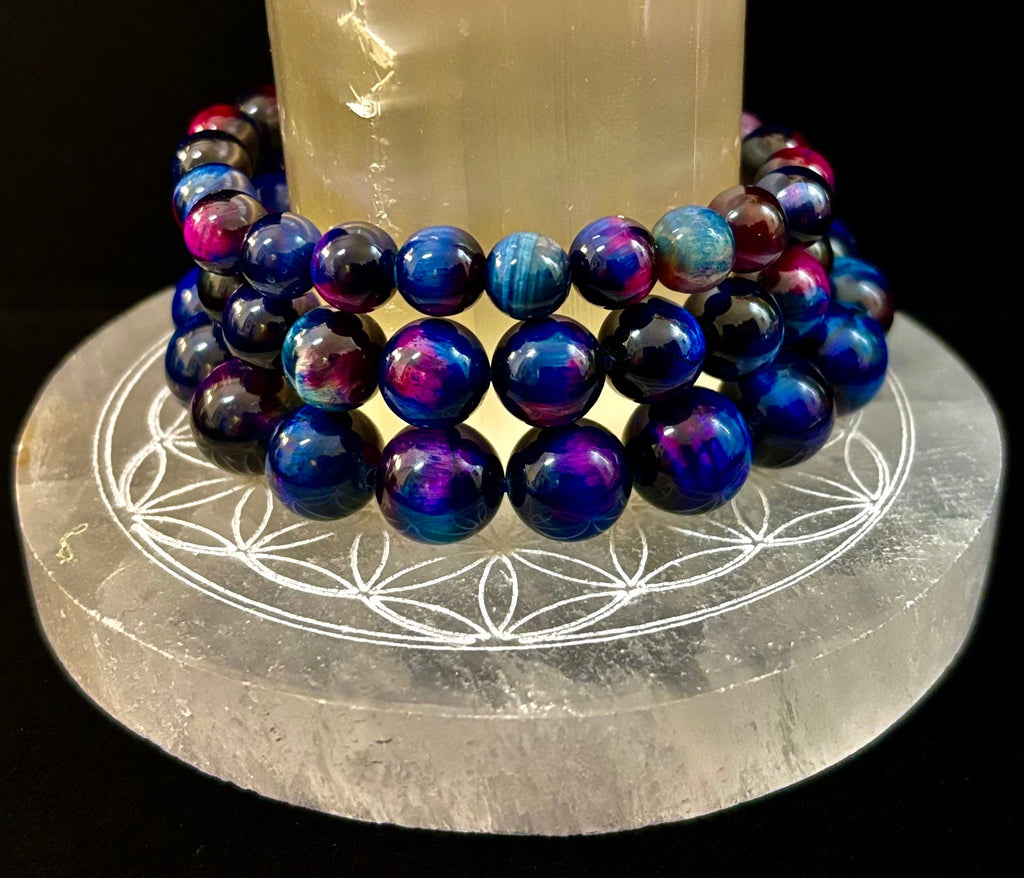 Galaxy Tiger Eye Bead Bracelet in Blue and Purple Aura Gemstone - Image 30