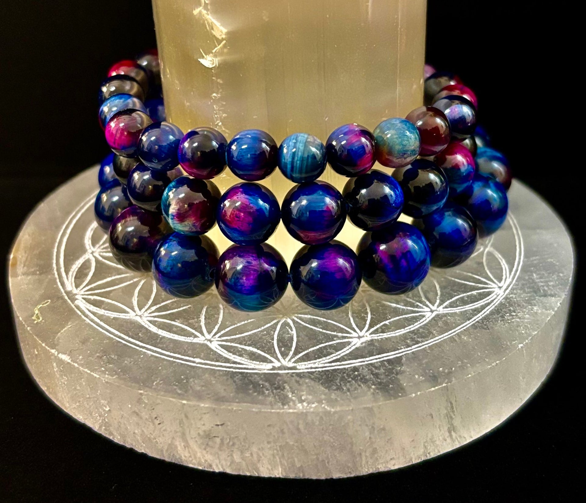 Galaxy Tiger Eye Bead Bracelet in Blue and Purple Aura Gemstone - Image 30
