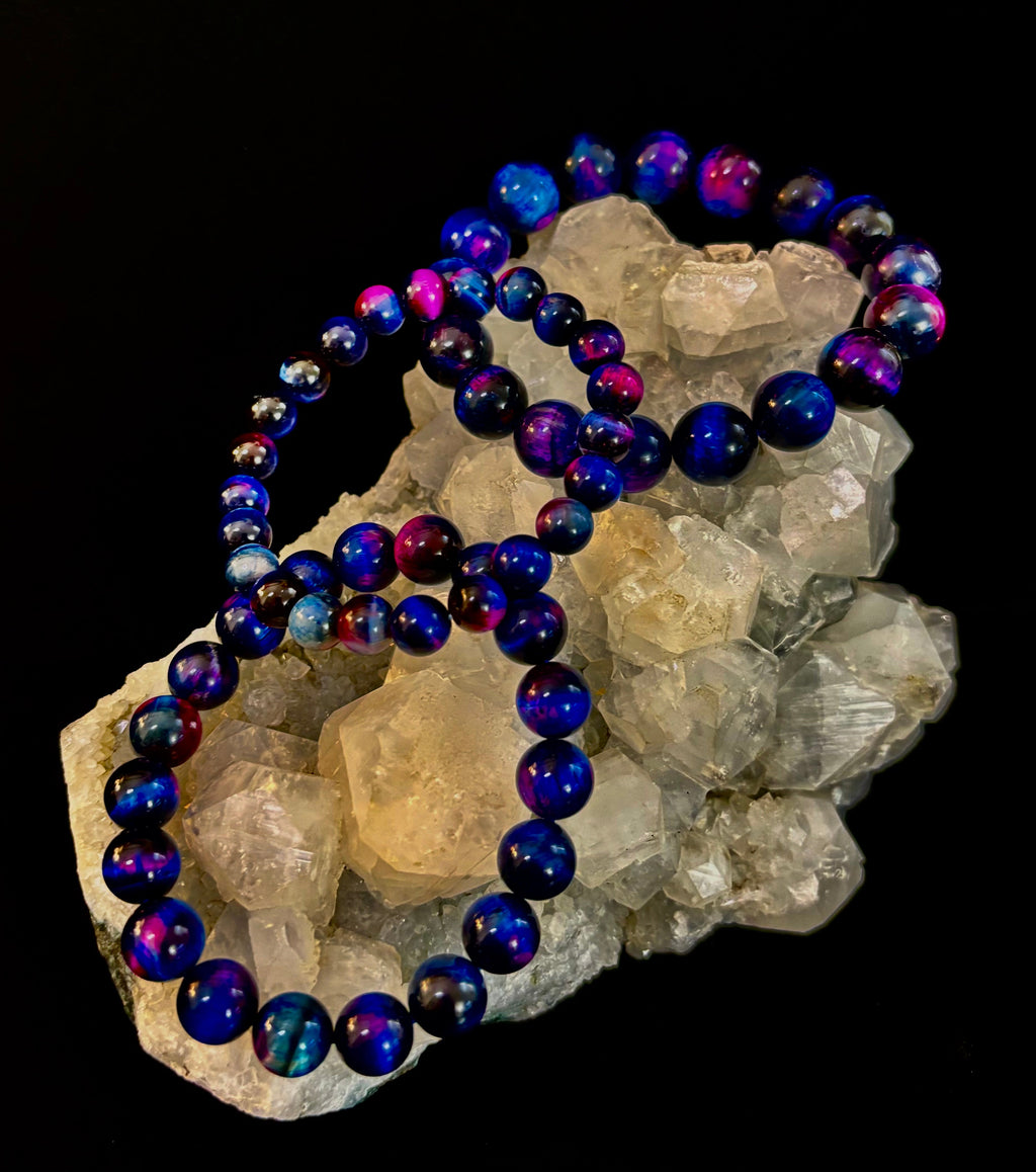 Galaxy Tiger Eye Bead Bracelet in Blue and Purple Aura Gemstone - Image 28