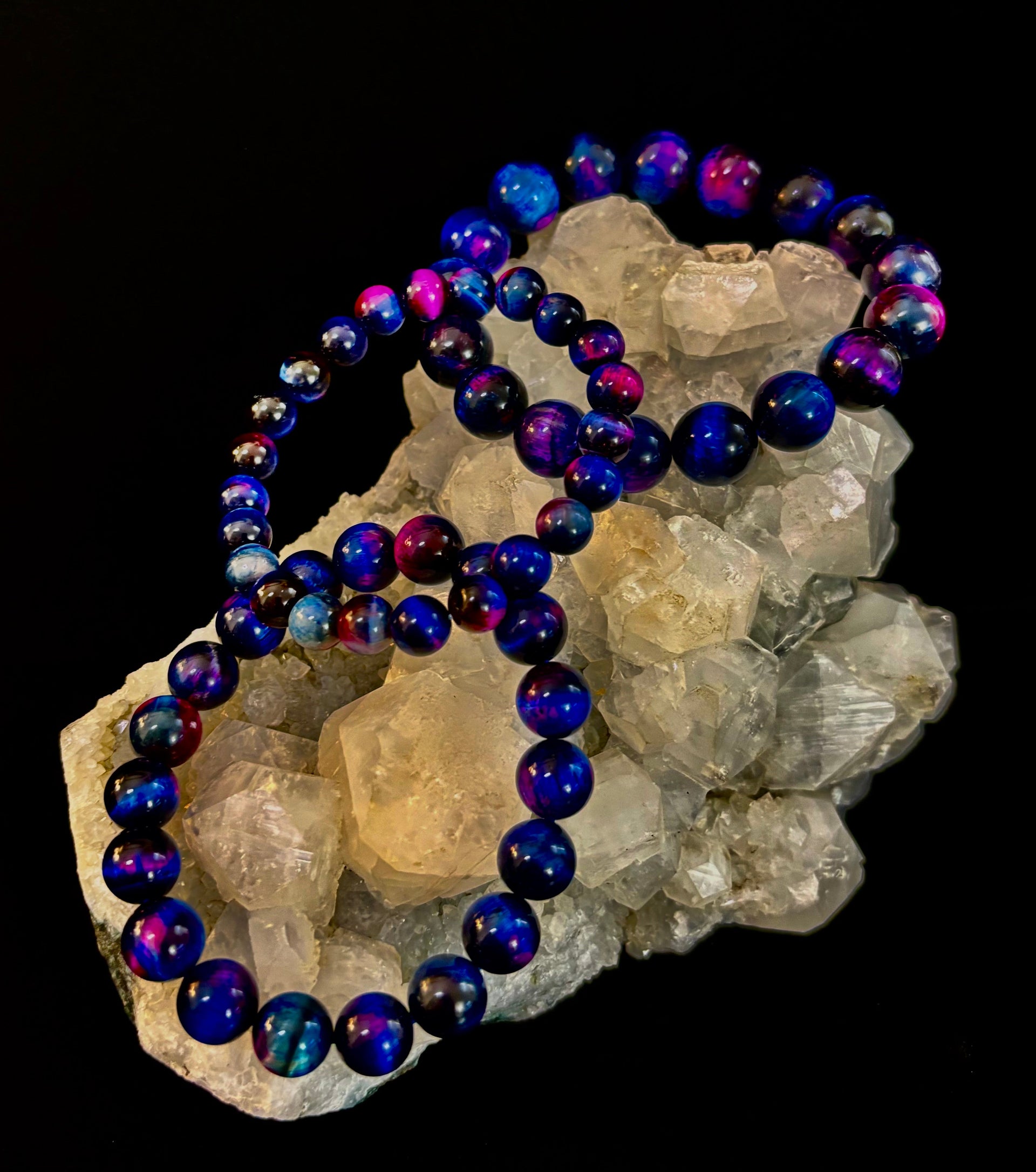 Galaxy Tiger Eye Bead Bracelet in Blue and Purple Aura Gemstone - Image 28