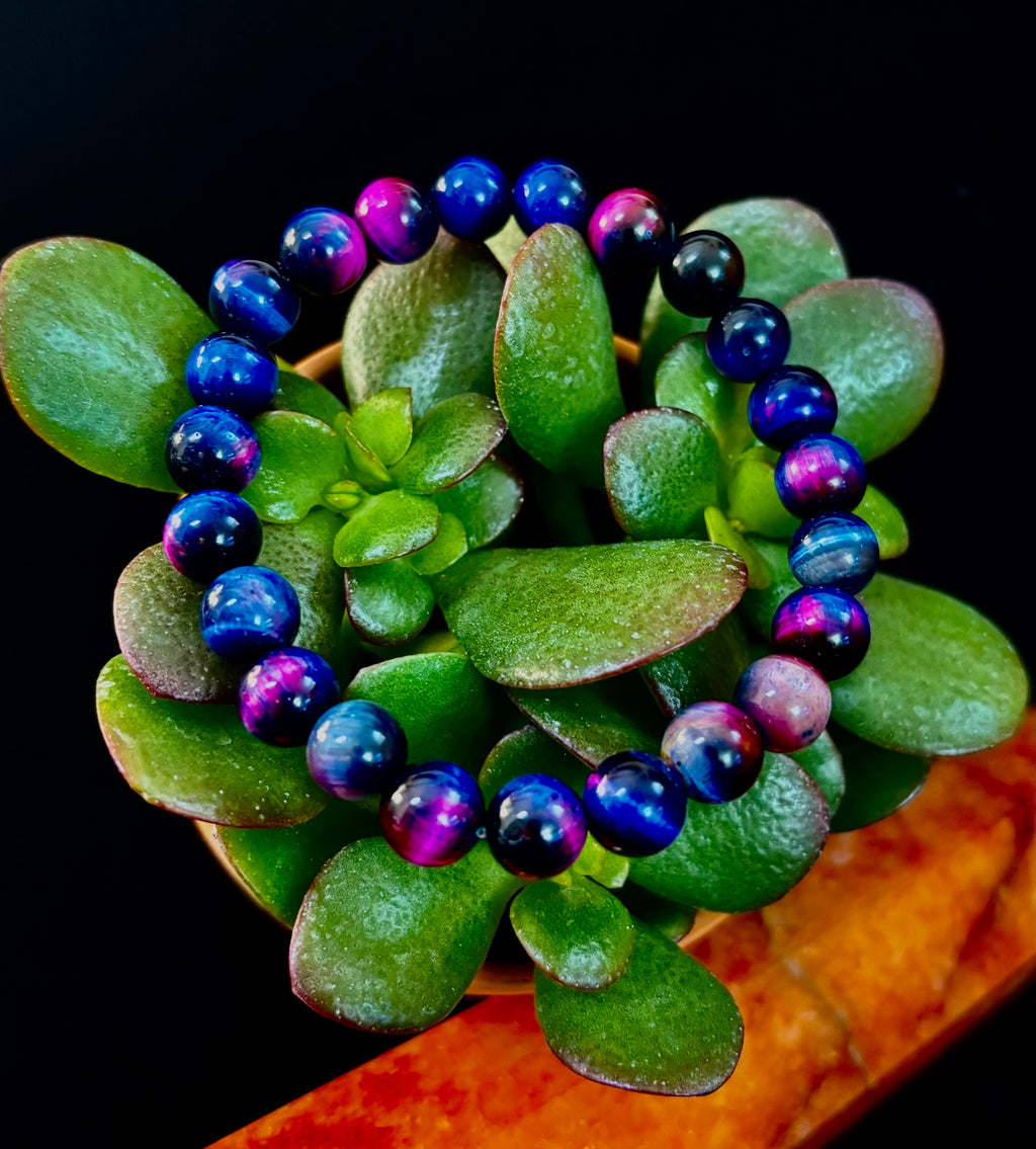 Galaxy Tiger Eye Bead Bracelet in Blue and Purple Aura Gemstone - Image 27