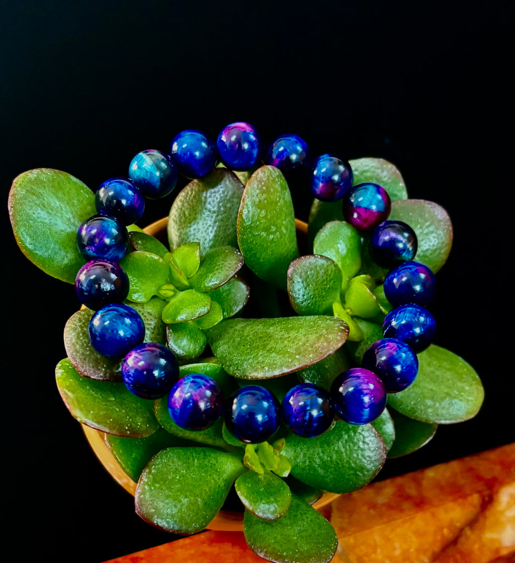 Galaxy Tiger Eye Bead Bracelet in Blue and Purple Aura Gemstone - Image 26