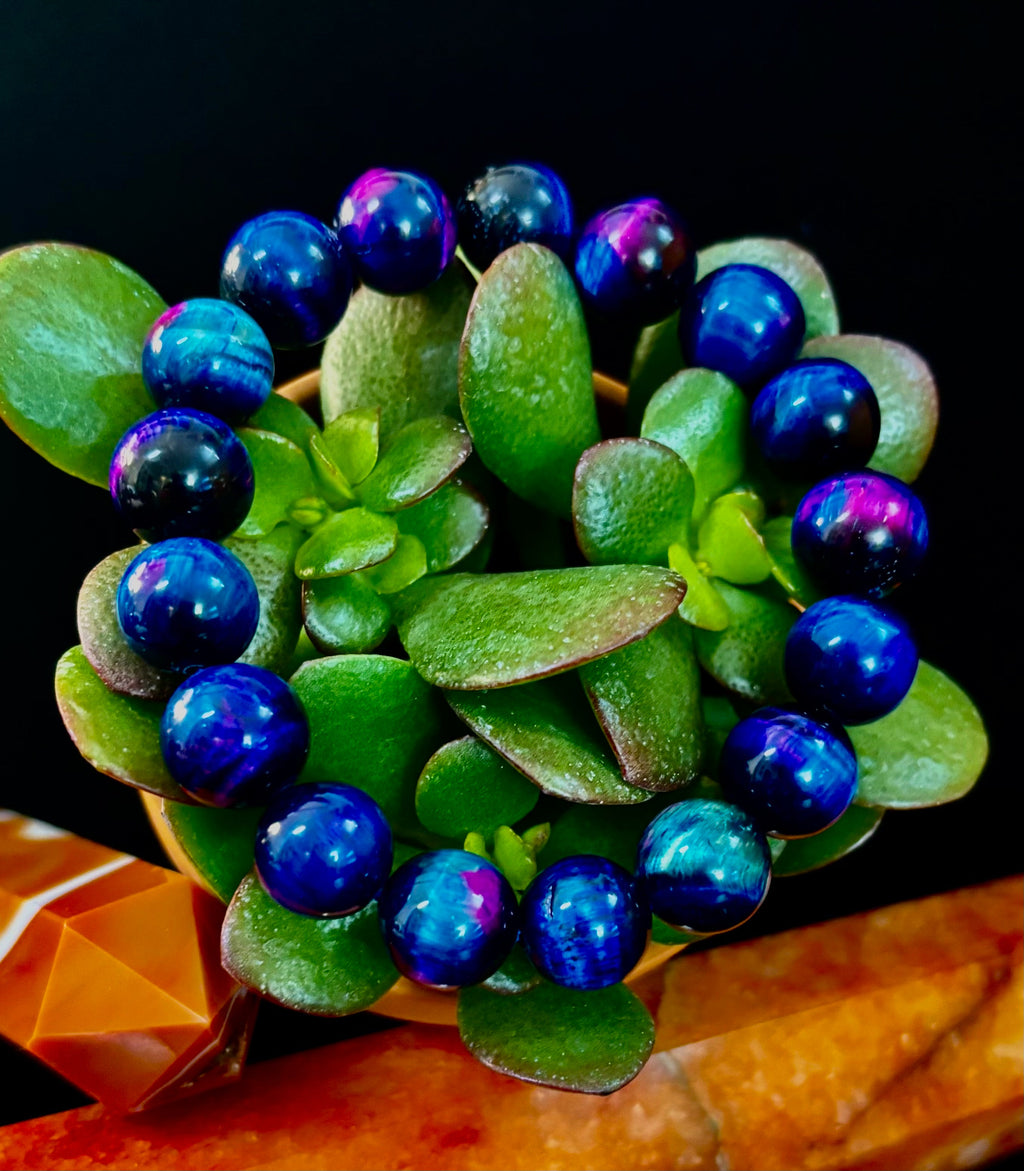 Galaxy Tiger Eye Bead Bracelet in Blue and Purple Aura Gemstone - Image 25