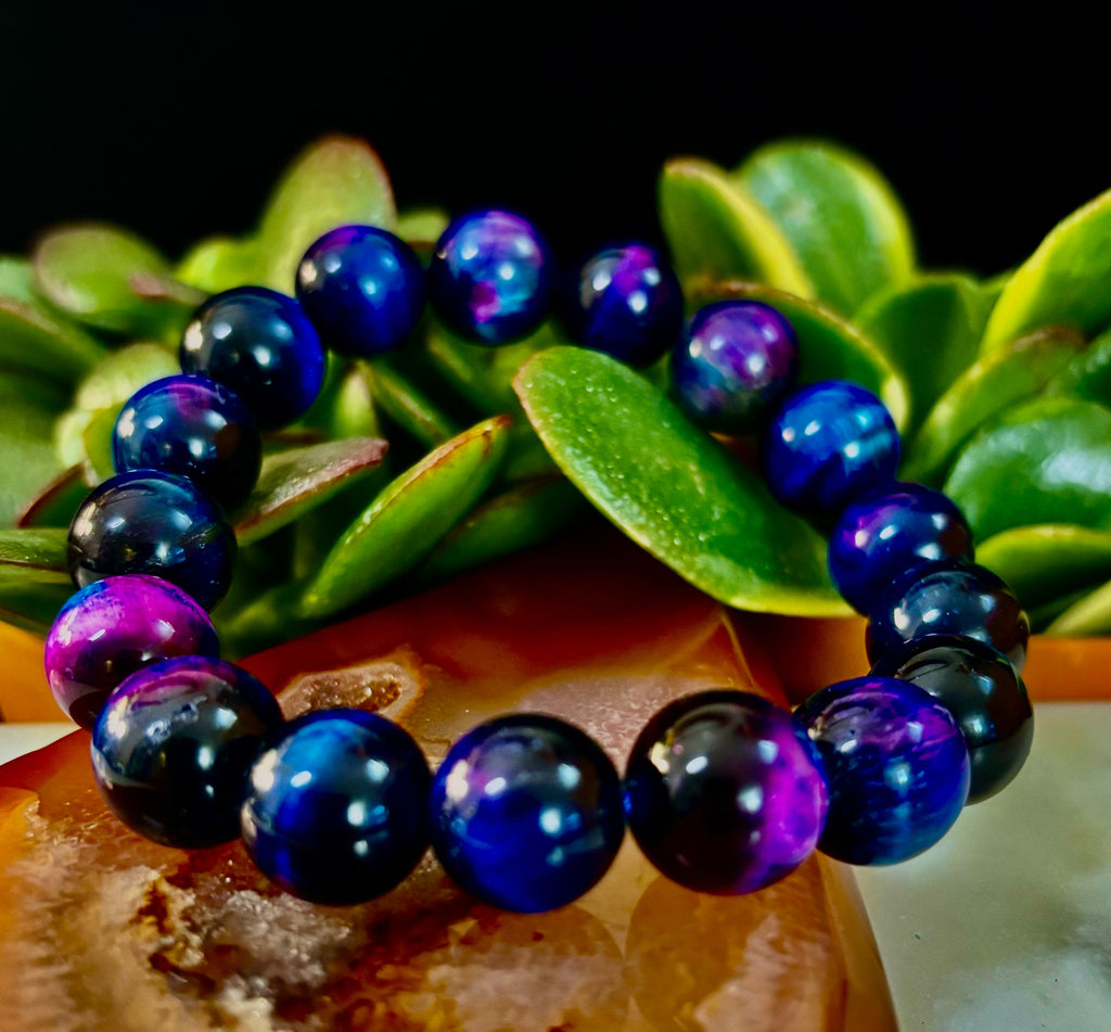 Galaxy Tiger Eye Bead Bracelet in Blue and Purple Aura Gemstone - Image 20