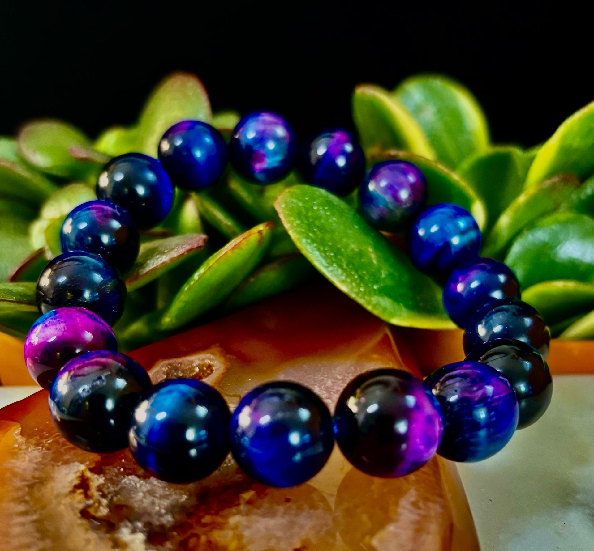 Galaxy Tiger Eye Bead Bracelet in Blue and Purple Aura Gemstone - Image 20