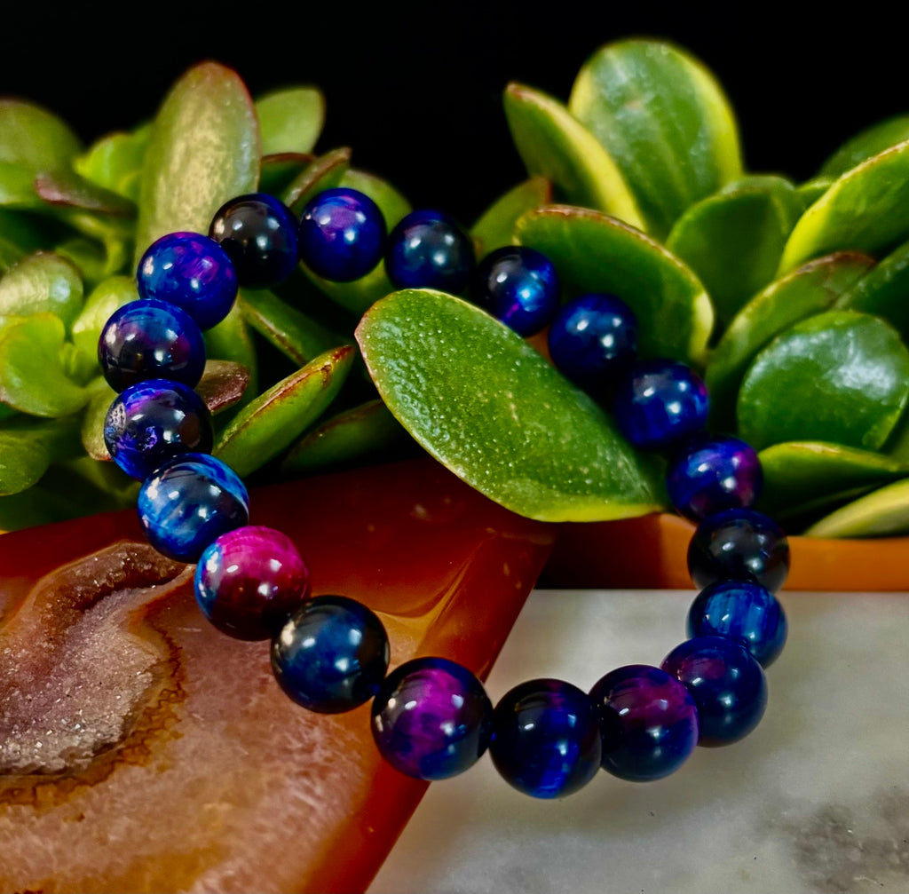 Galaxy Tiger Eye Bead Bracelet in Blue and Purple Aura Gemstone - Image 21