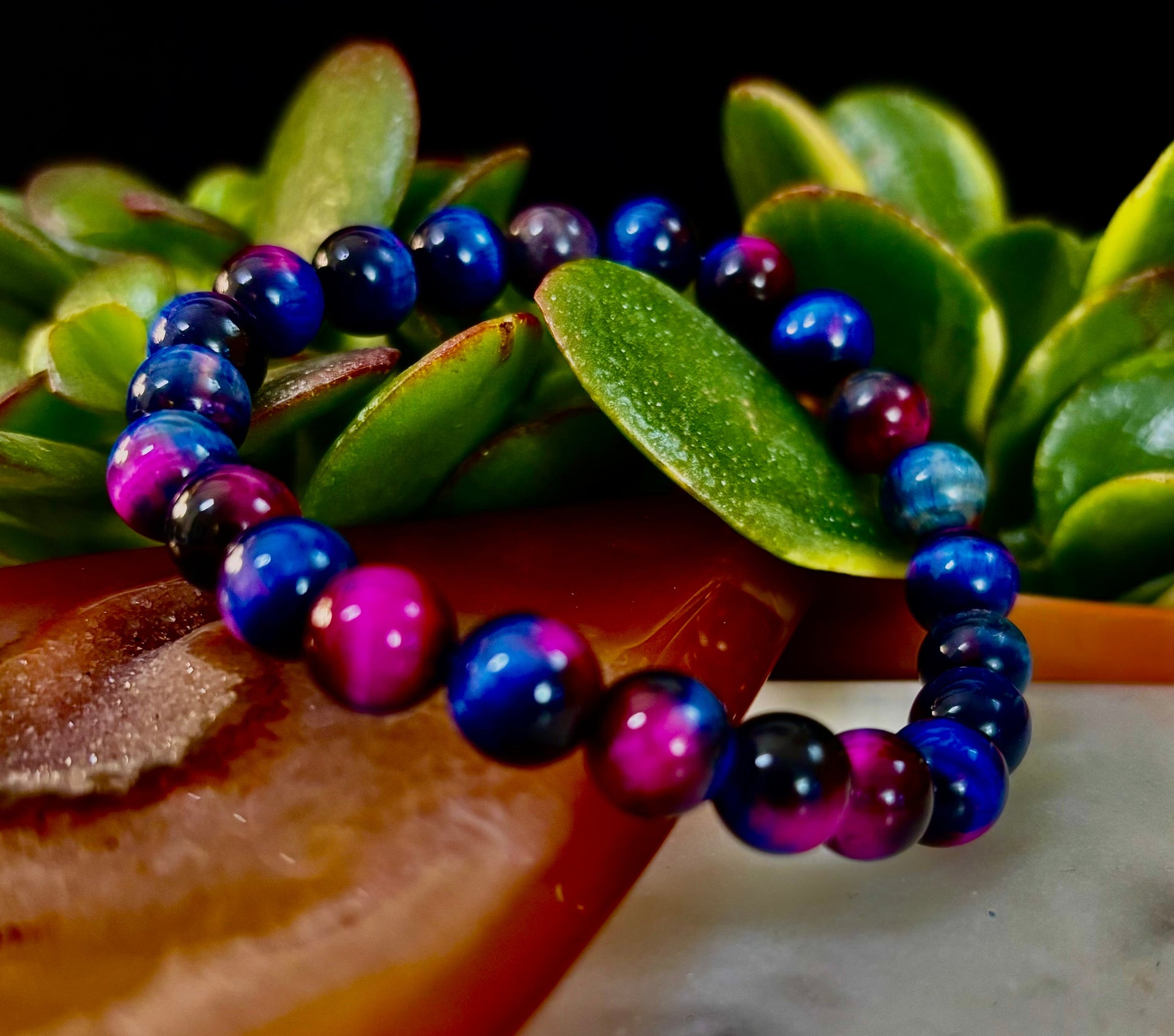 Galaxy Tiger Eye Bead Bracelet in Blue and Purple Aura Gemstone - Image 22