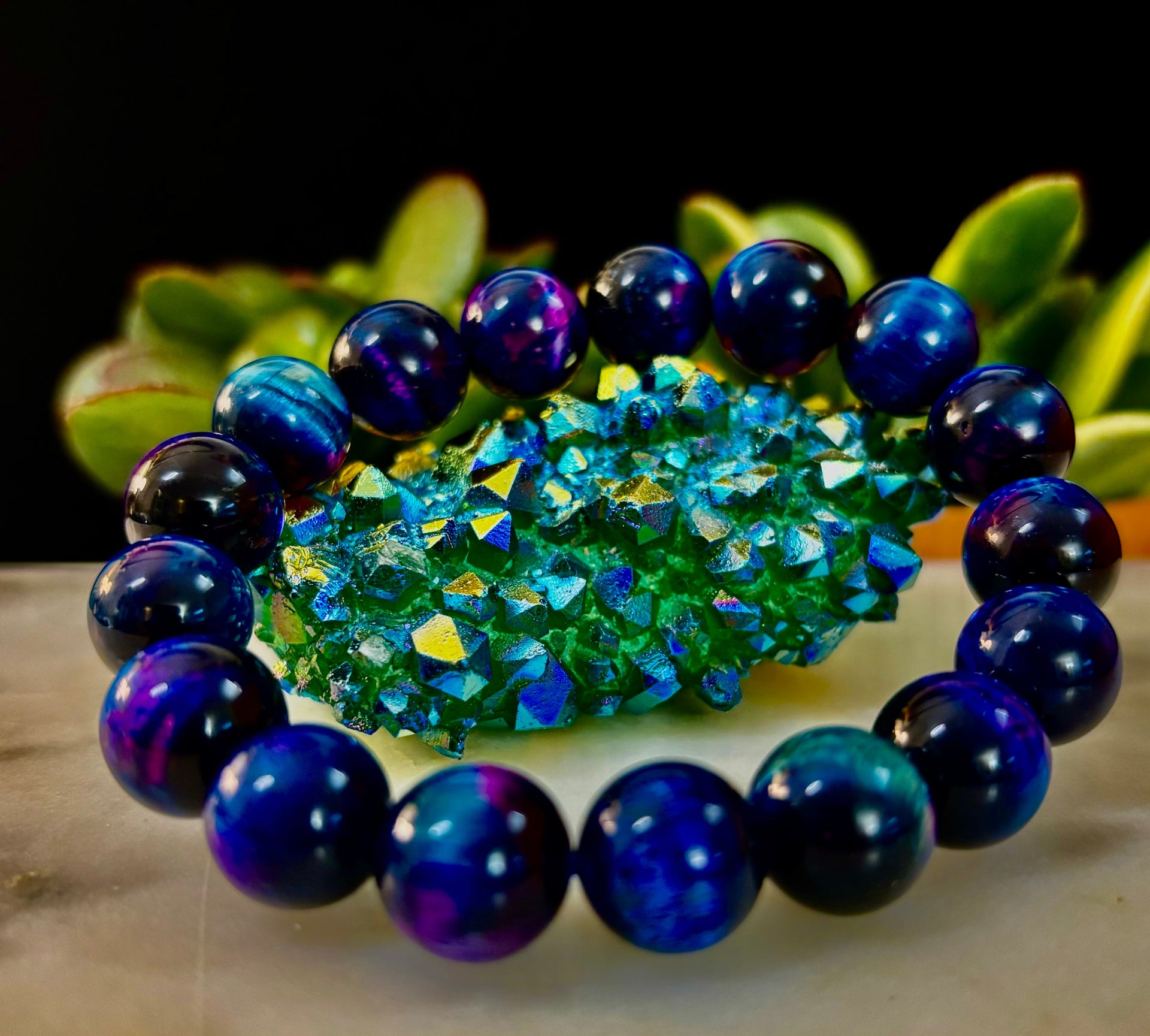 Galaxy Tiger Eye Bead Bracelet in Blue and Purple Aura Gemstone - Image 23