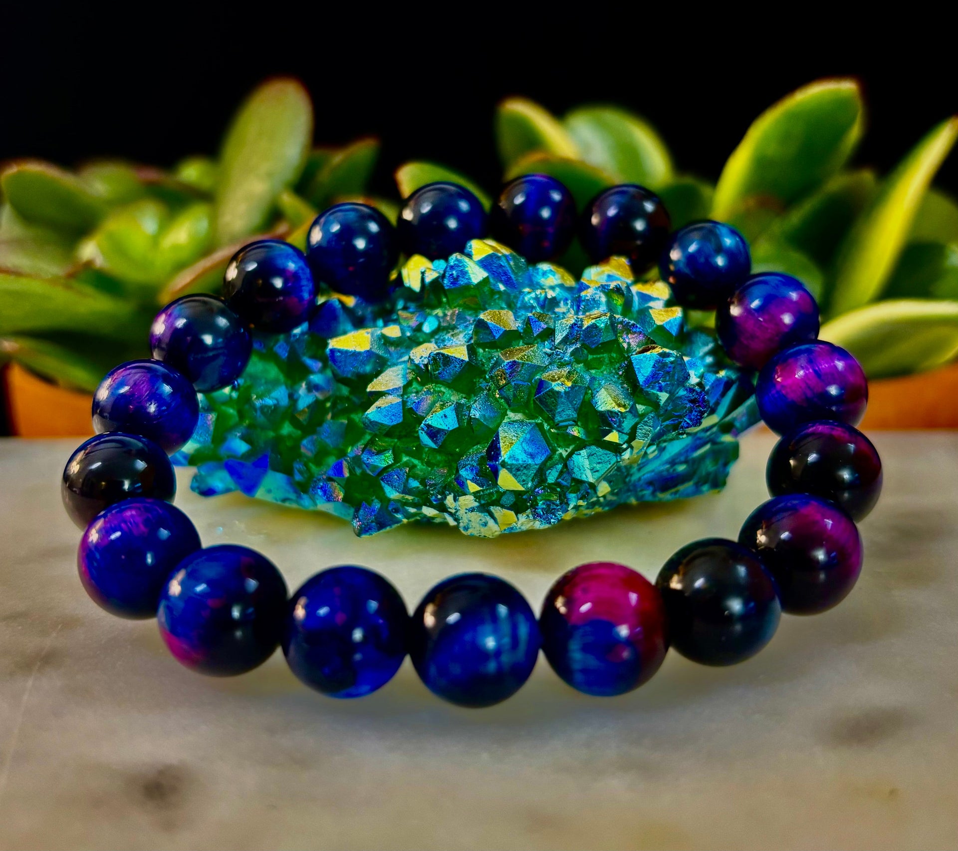 Galaxy Tiger Eye Bead Bracelet in Blue and Purple Aura Gemstone - Image 24