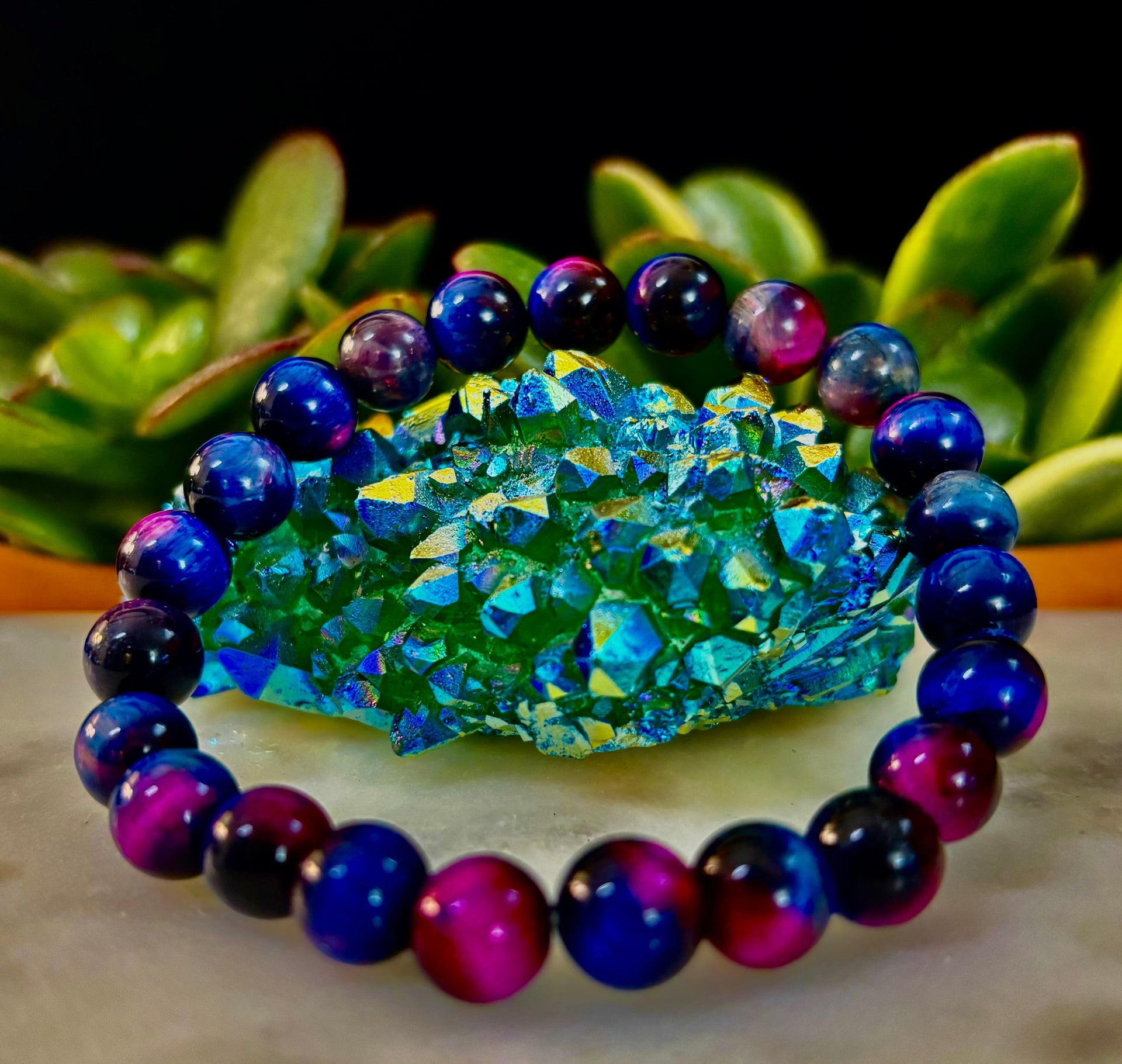 Galaxy Tiger Eye Bead Bracelet in Blue and Purple Aura Gemstone - Image 15