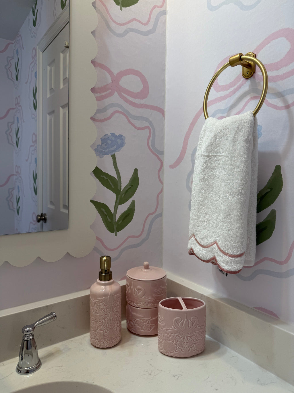 Esti Floral Removable Wallpaper - Pink, Sage-Green & White