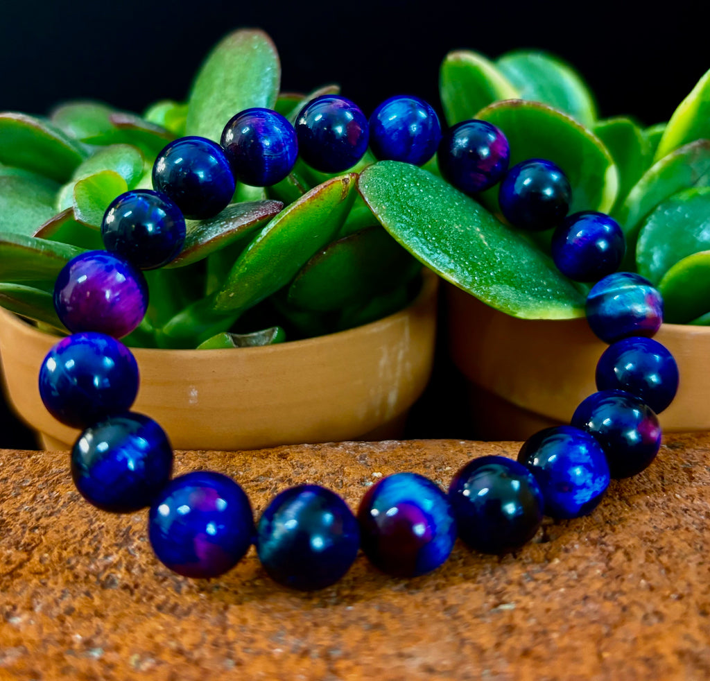 Galaxy Tiger Eye Bead Bracelet in Blue and Purple Aura Gemstone - Image 18