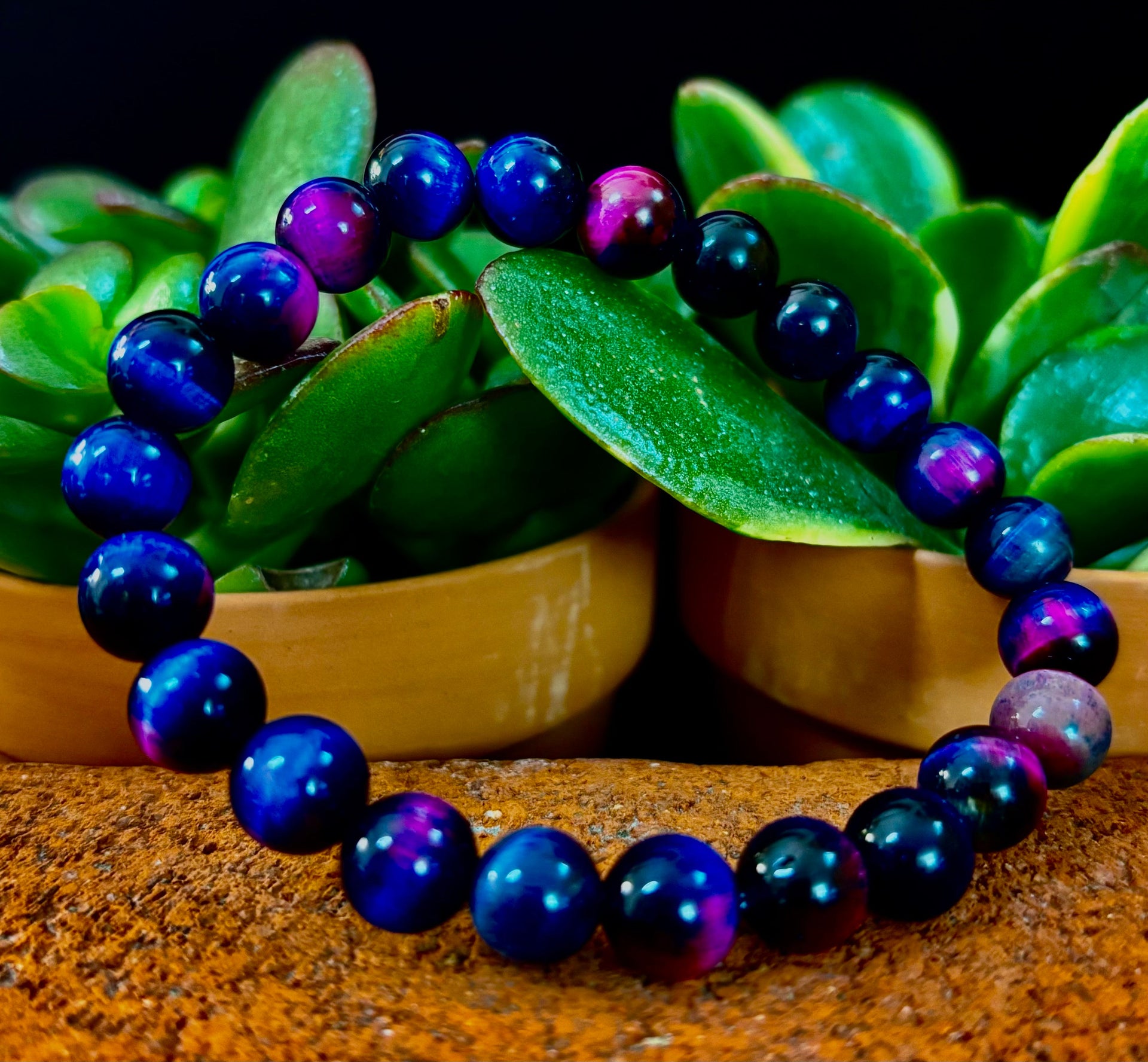Galaxy Tiger Eye Bead Bracelet in Blue and Purple Aura Gemstone - Image 17