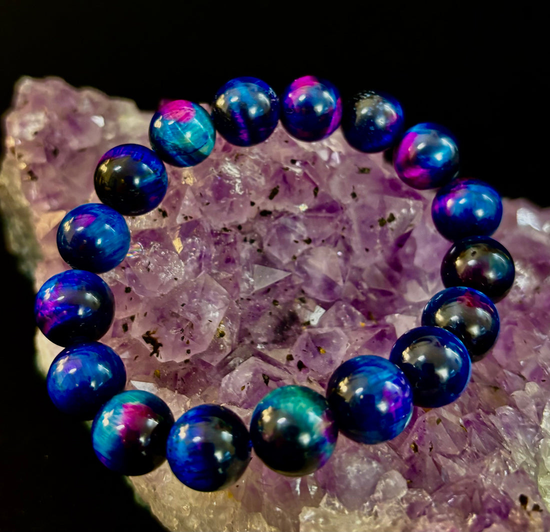 Galaxy Tiger Eye Bead Bracelet in Blue and Purple Aura Gemstone - Image 2