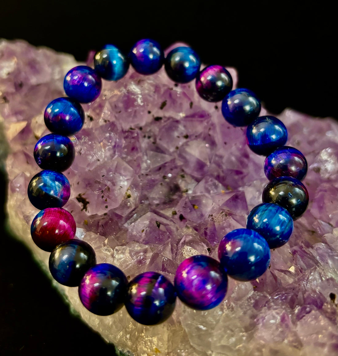 Galaxy Tiger Eye Bead Bracelet in Blue and Purple Aura Gemstone - Image 12
