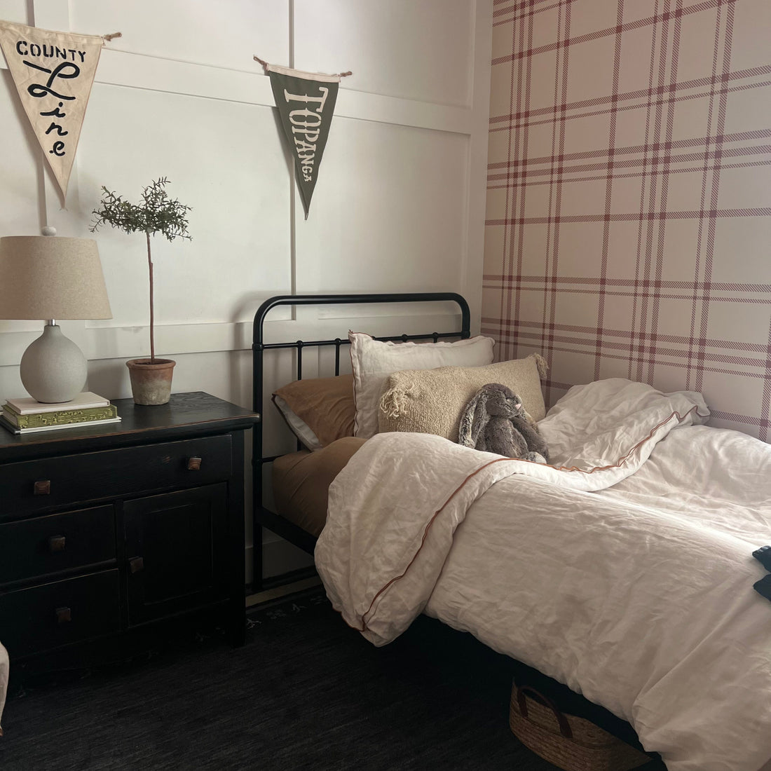 Jack plaid pattern wallpaper in cream and terracotta for a traditional farmhouse aesthetic