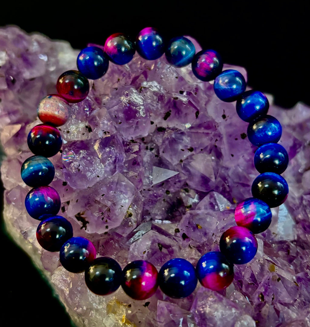 Galaxy Tiger Eye Bead Bracelet in Blue and Purple Aura Gemstone - Image 11