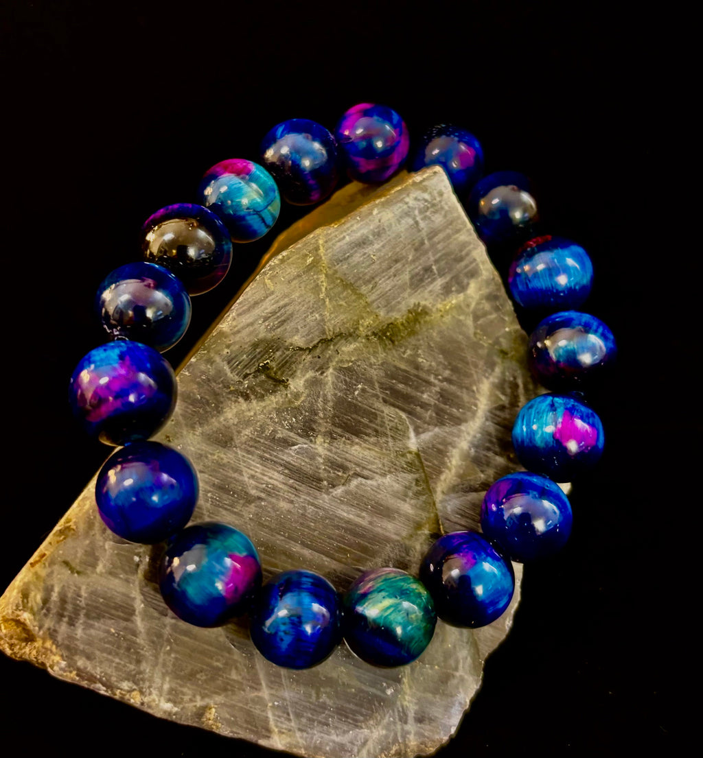 Galaxy Tiger Eye Bead Bracelet in Blue and Purple Aura Gemstone - Image 7