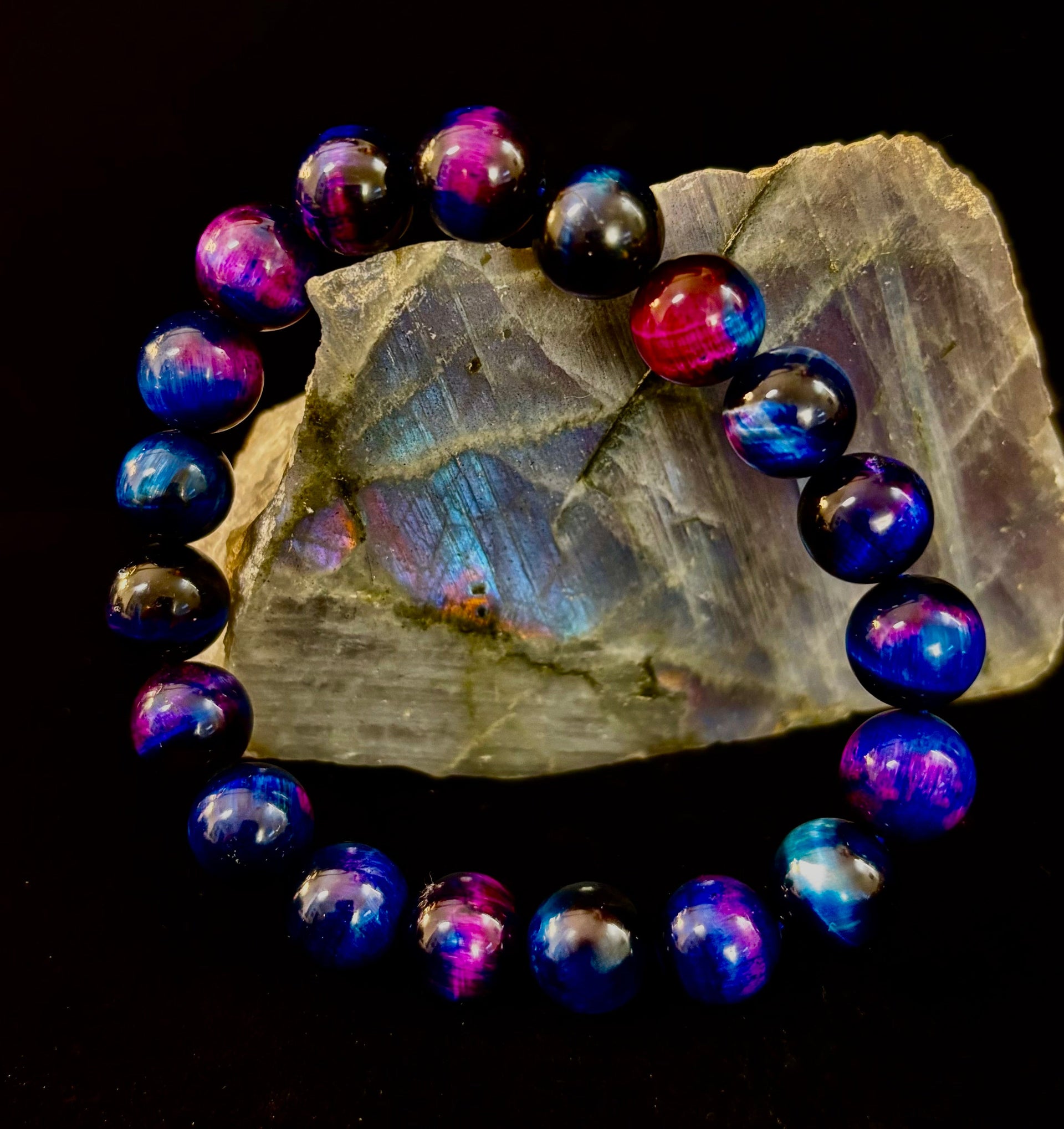 Galaxy Tiger Eye Bead Bracelet in Blue and Purple Aura Gemstone - Image 8