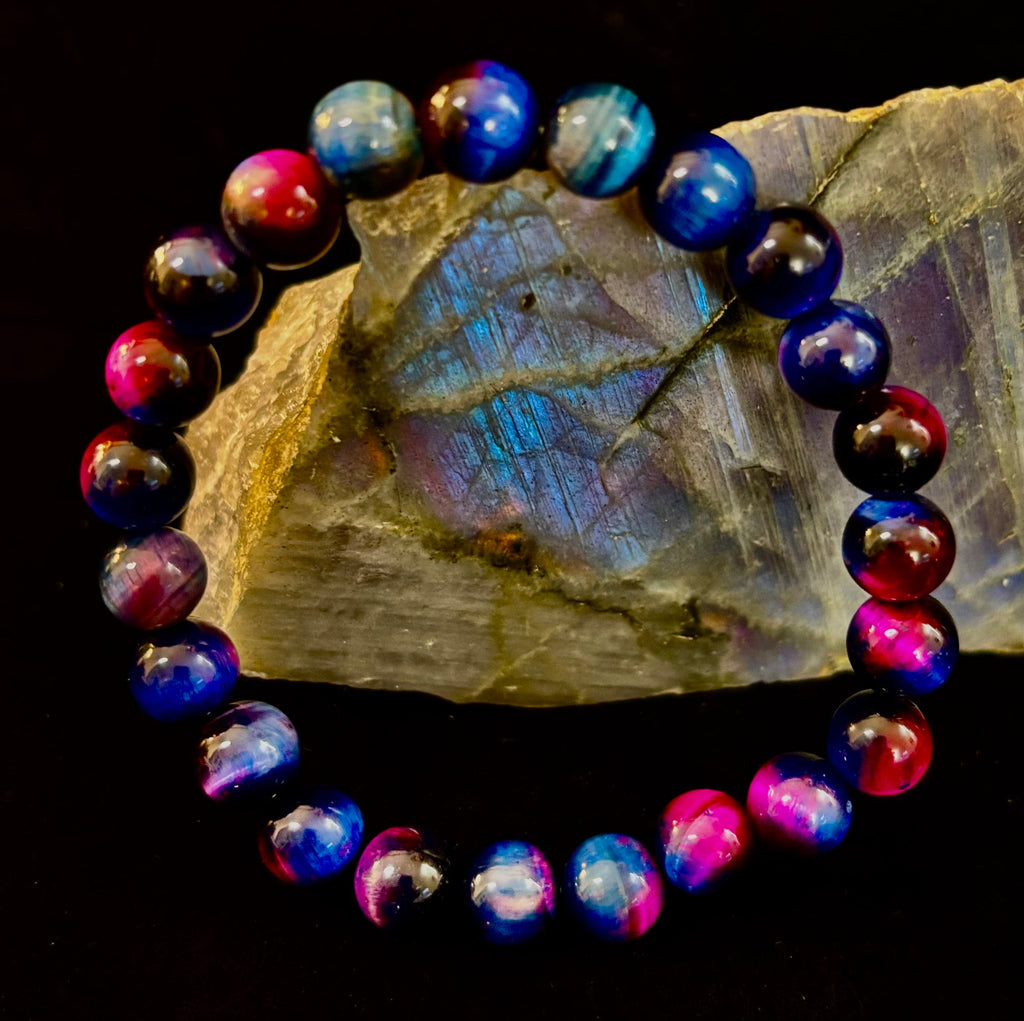 Galaxy Tiger Eye Bead Bracelet in Blue and Purple Aura Gemstone - Image 3