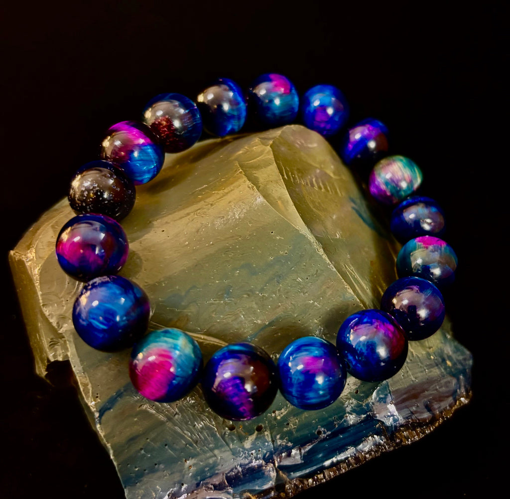 Galaxy Tiger Eye Bead Bracelet in Blue and Purple Aura Gemstone - Image 9