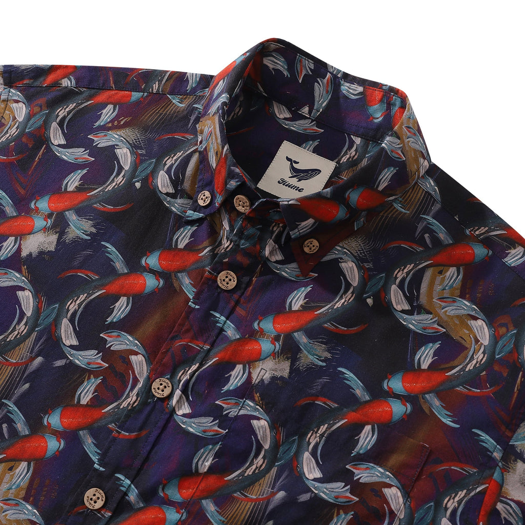 Men's Koi Fish Print Cotton Short Sleeve Hawaiian Aloha Shirt
