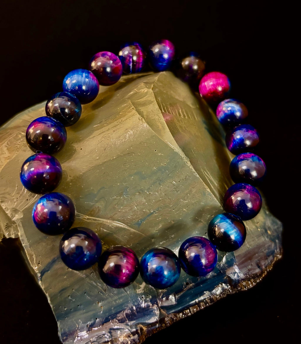 Galaxy Tiger Eye Bead Bracelet in Blue and Purple Aura Gemstone - Image 10