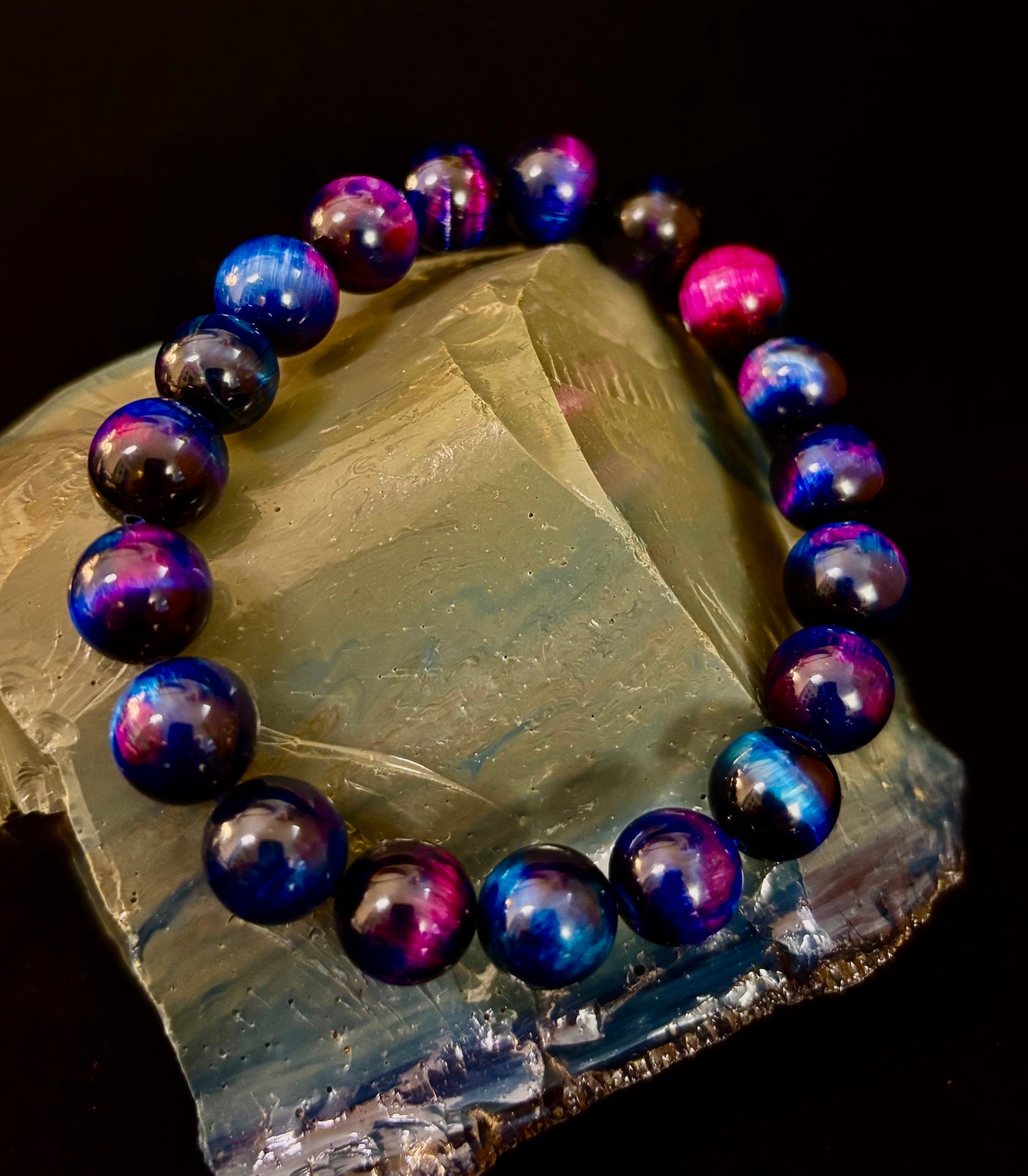 Galaxy Tiger Eye Bead Bracelet in Blue and Purple Aura Gemstone - Image 10