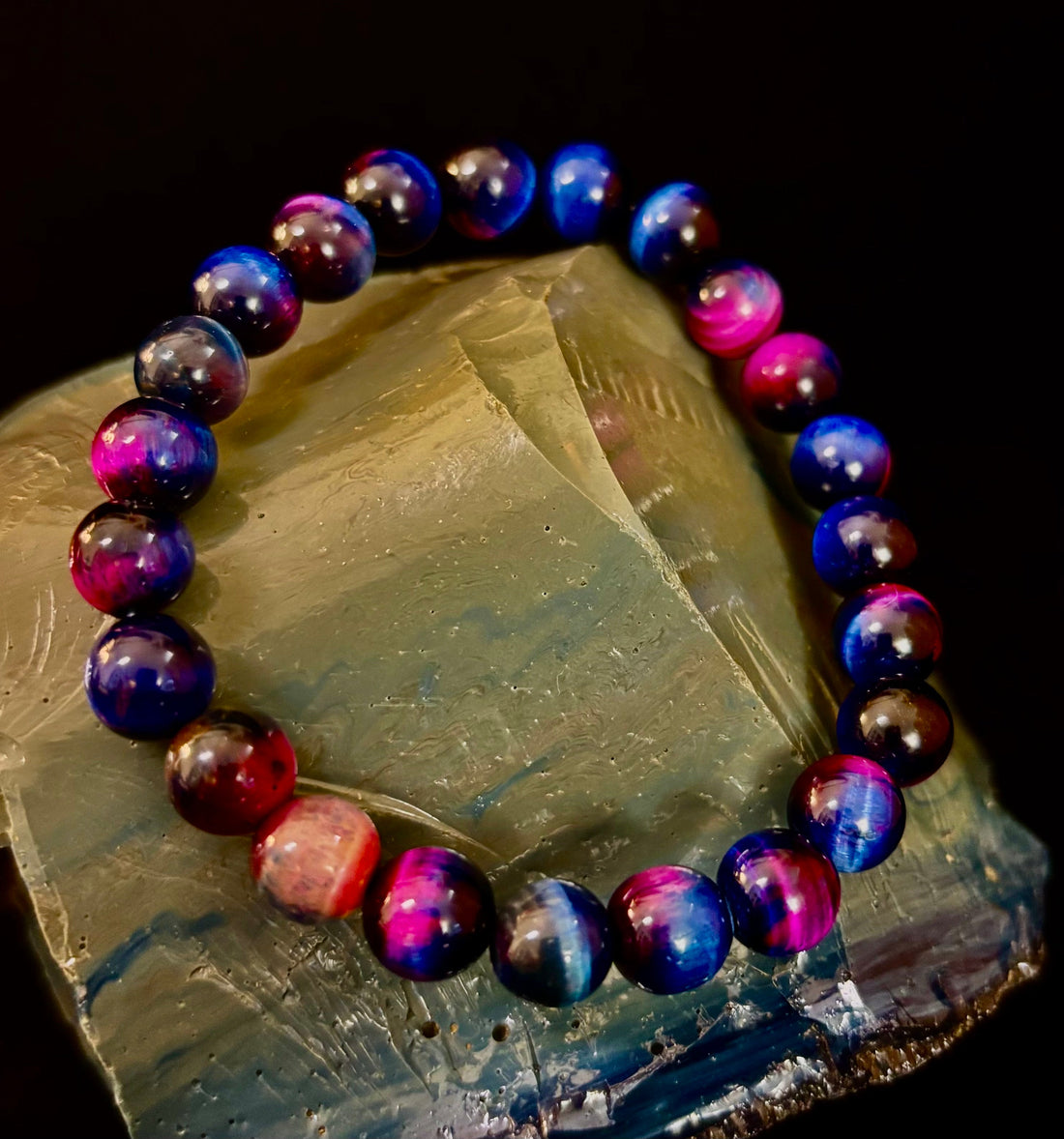 Galaxy Tiger Eye Bead Bracelet in Blue and Purple Aura Gemstone - Image 6