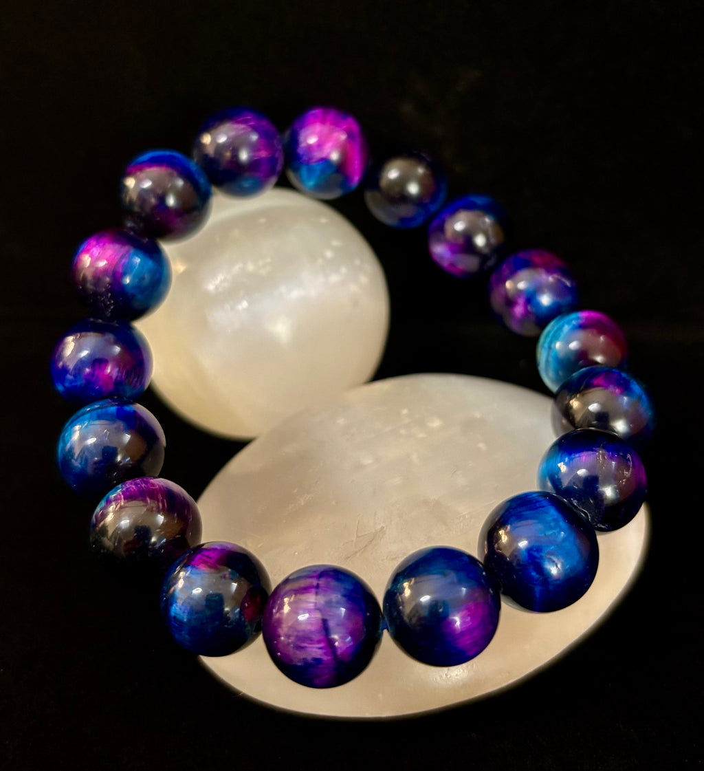 Galaxy Tiger Eye Bead Bracelet in Blue and Purple Aura Gemstone - Image 5