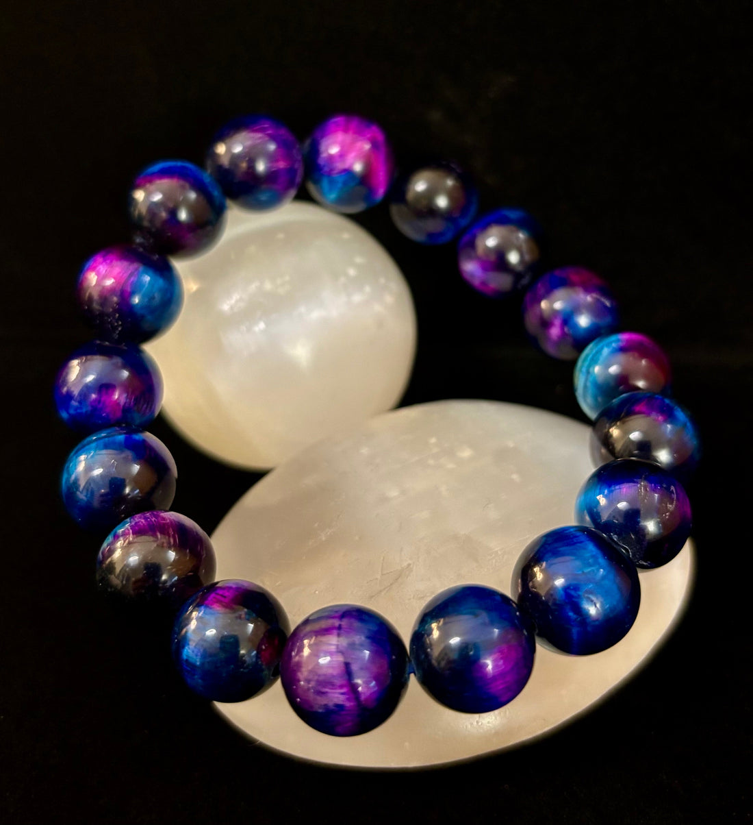 Galaxy Tiger Eye Bead Bracelet in Blue and Purple Aura Gemstone - Image 5