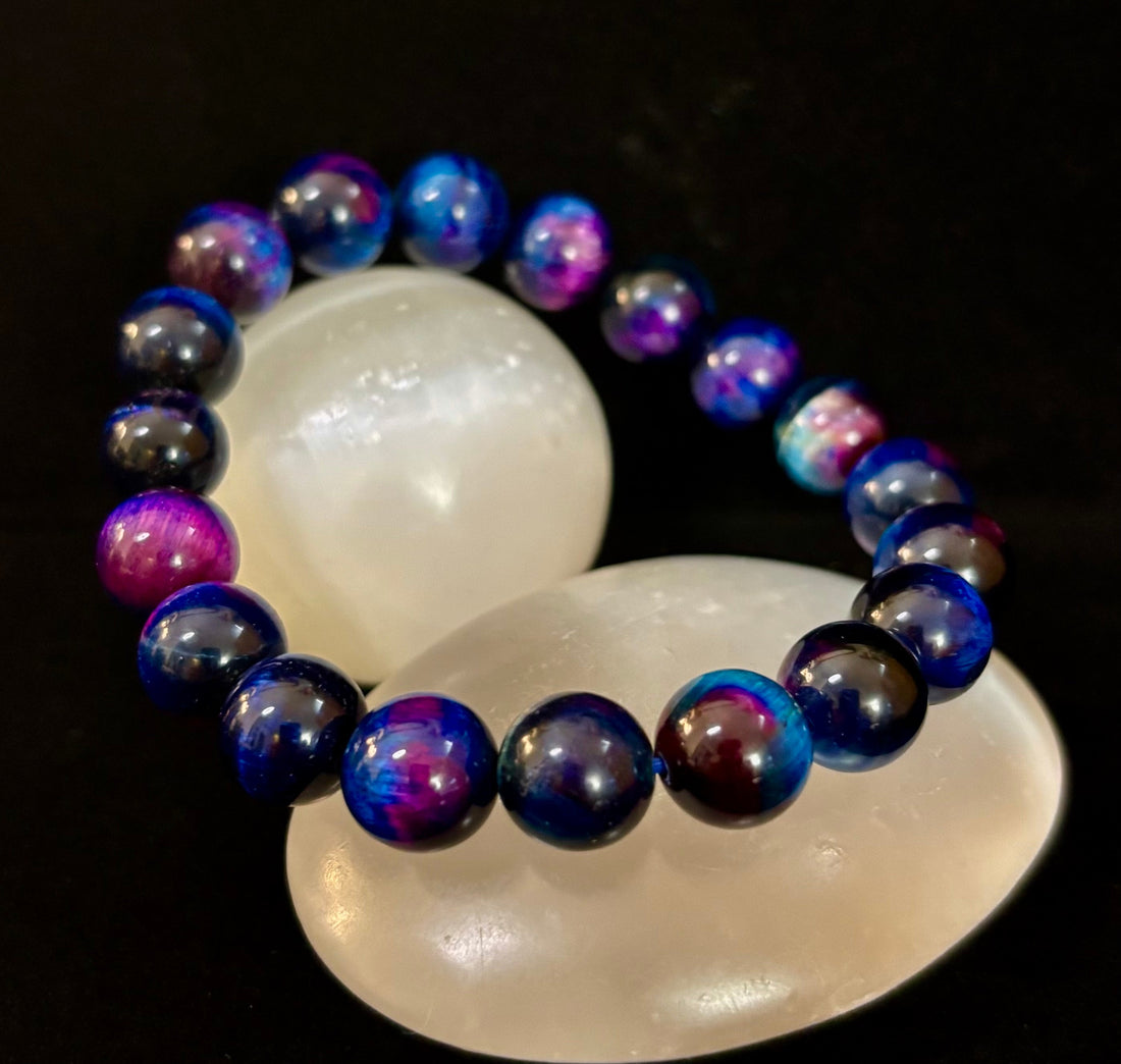 Galaxy Tiger Eye Bead Bracelet in Blue and Purple Aura Gemstone - Image 4