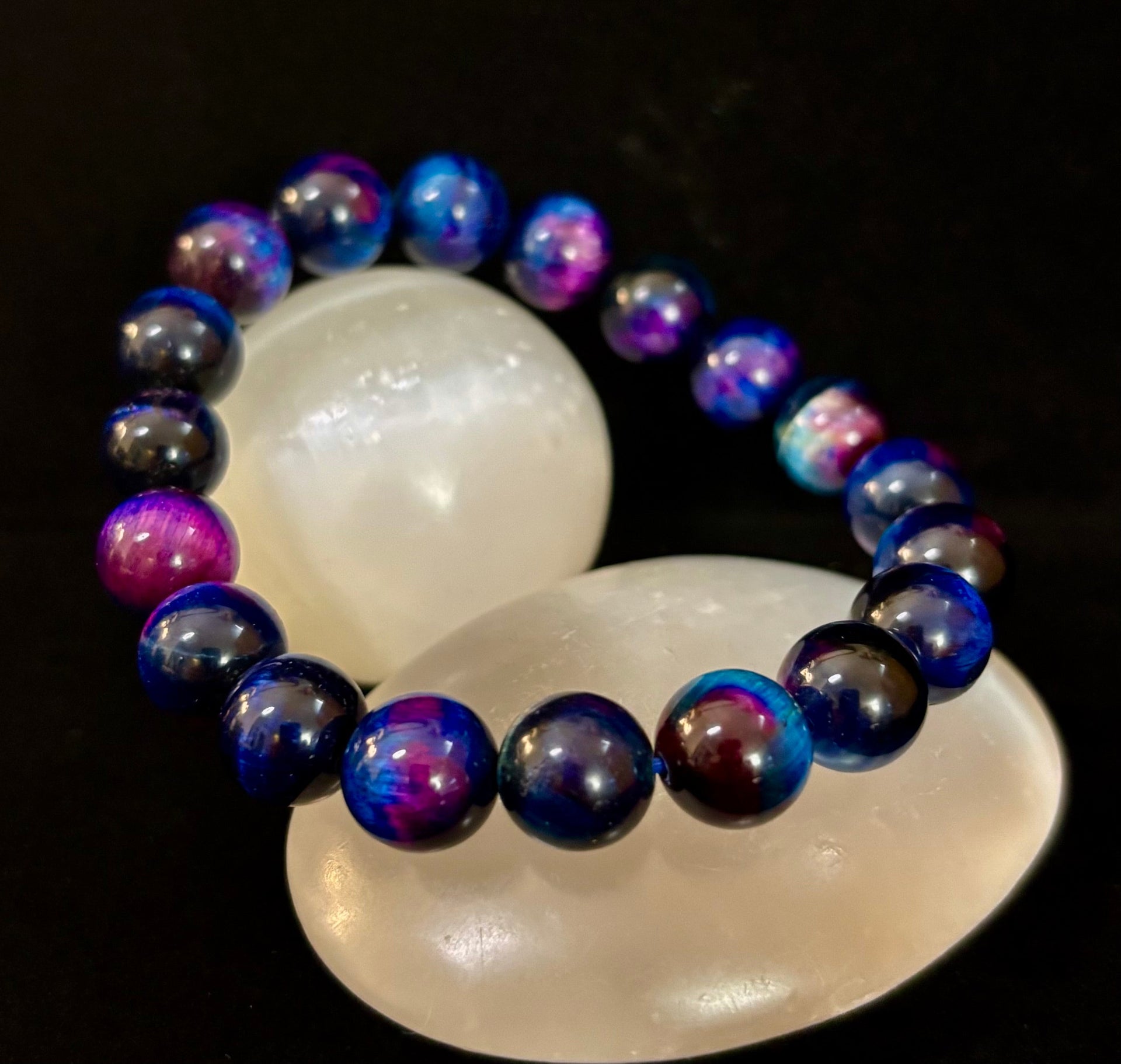 Galaxy Tiger Eye Bead Bracelet in Blue and Purple Aura Gemstone - Image 4