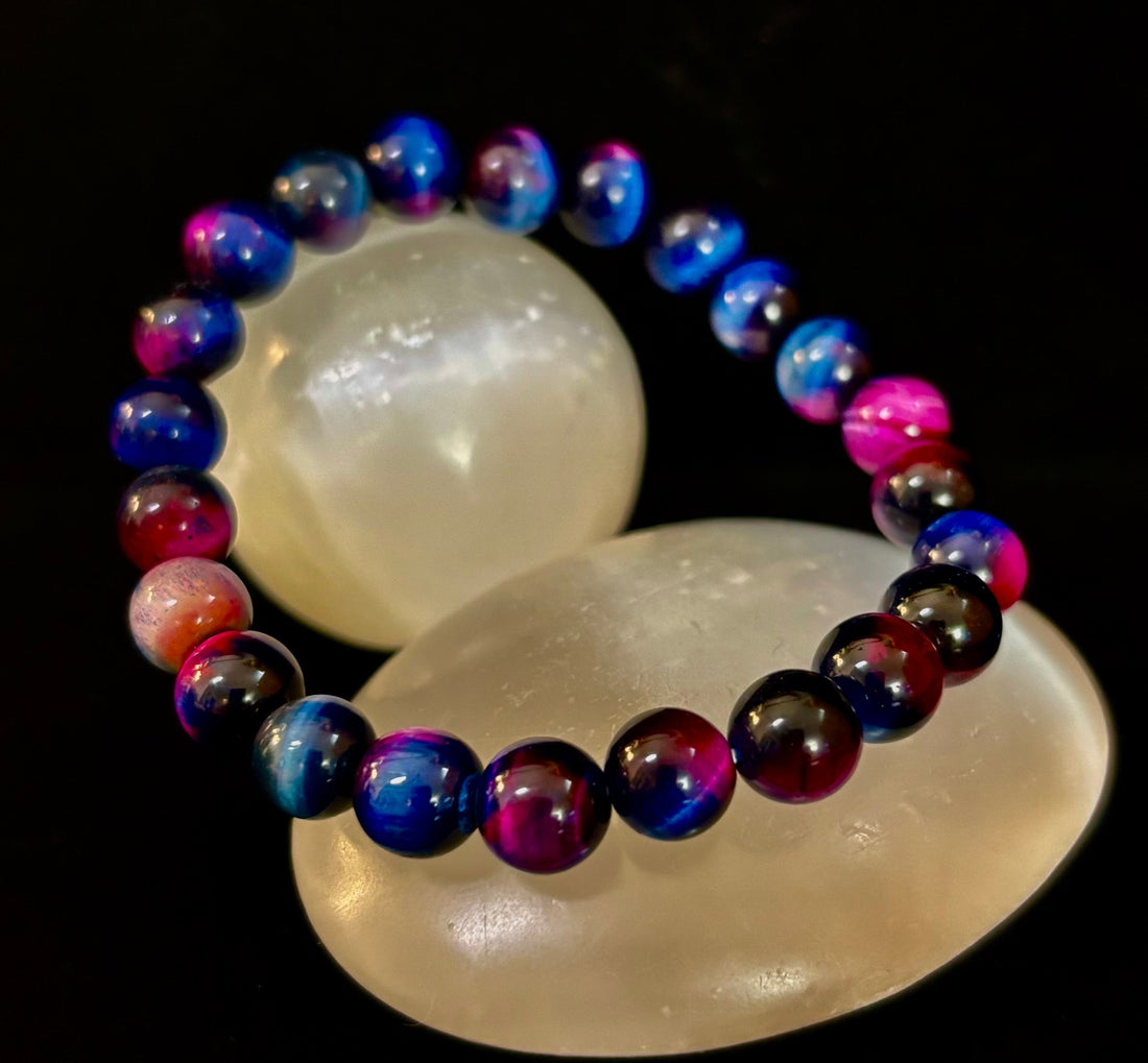 Blue and purple galaxy tiger eye bead stretch bracelet
