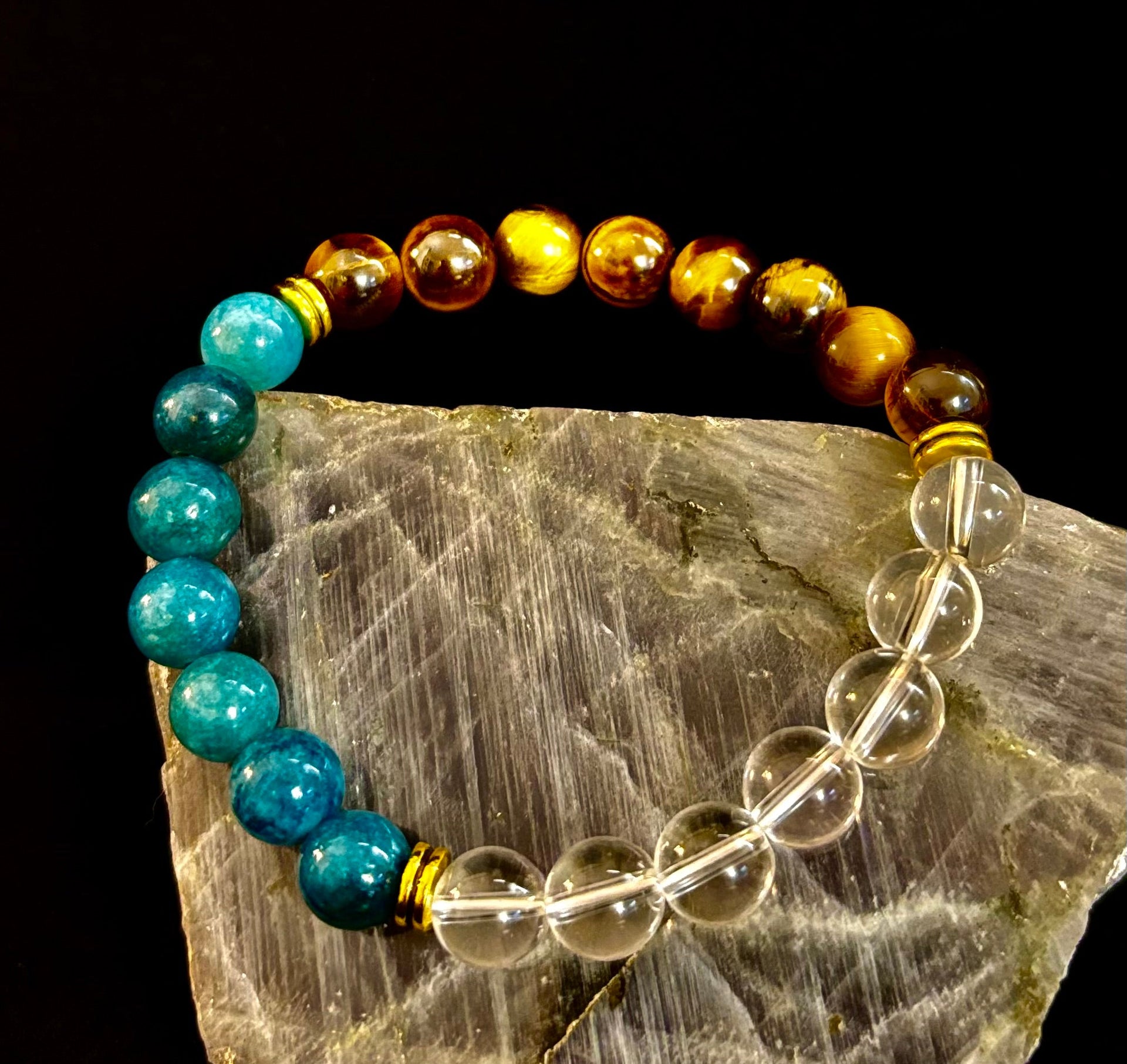 Blue Apatite Tiger Eye Clear Quartz Weight Loss Intention Bracelet - Image 19