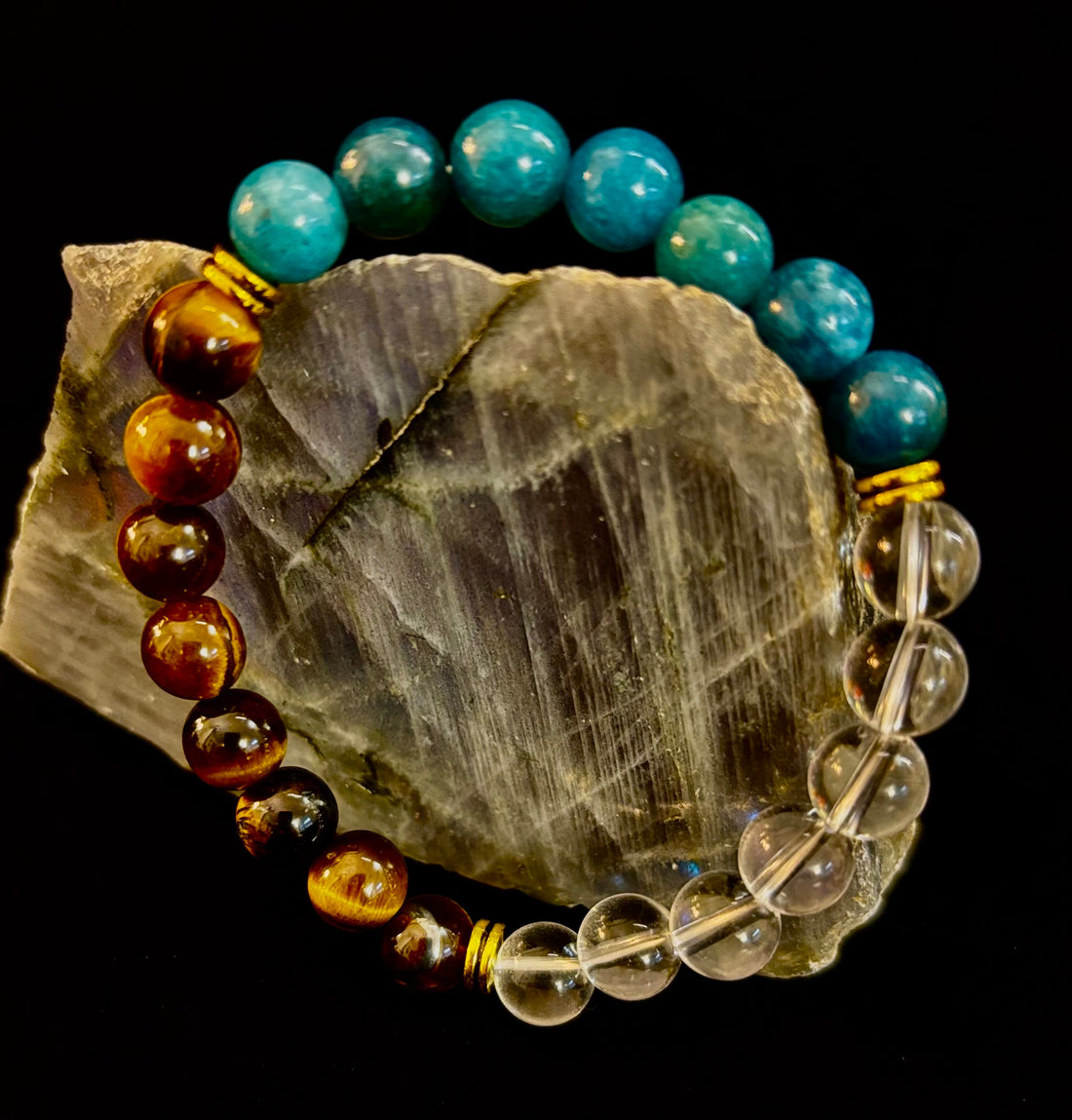 Blue Apatite Tiger Eye Clear Quartz Weight Loss Intention Bracelet - Image 3