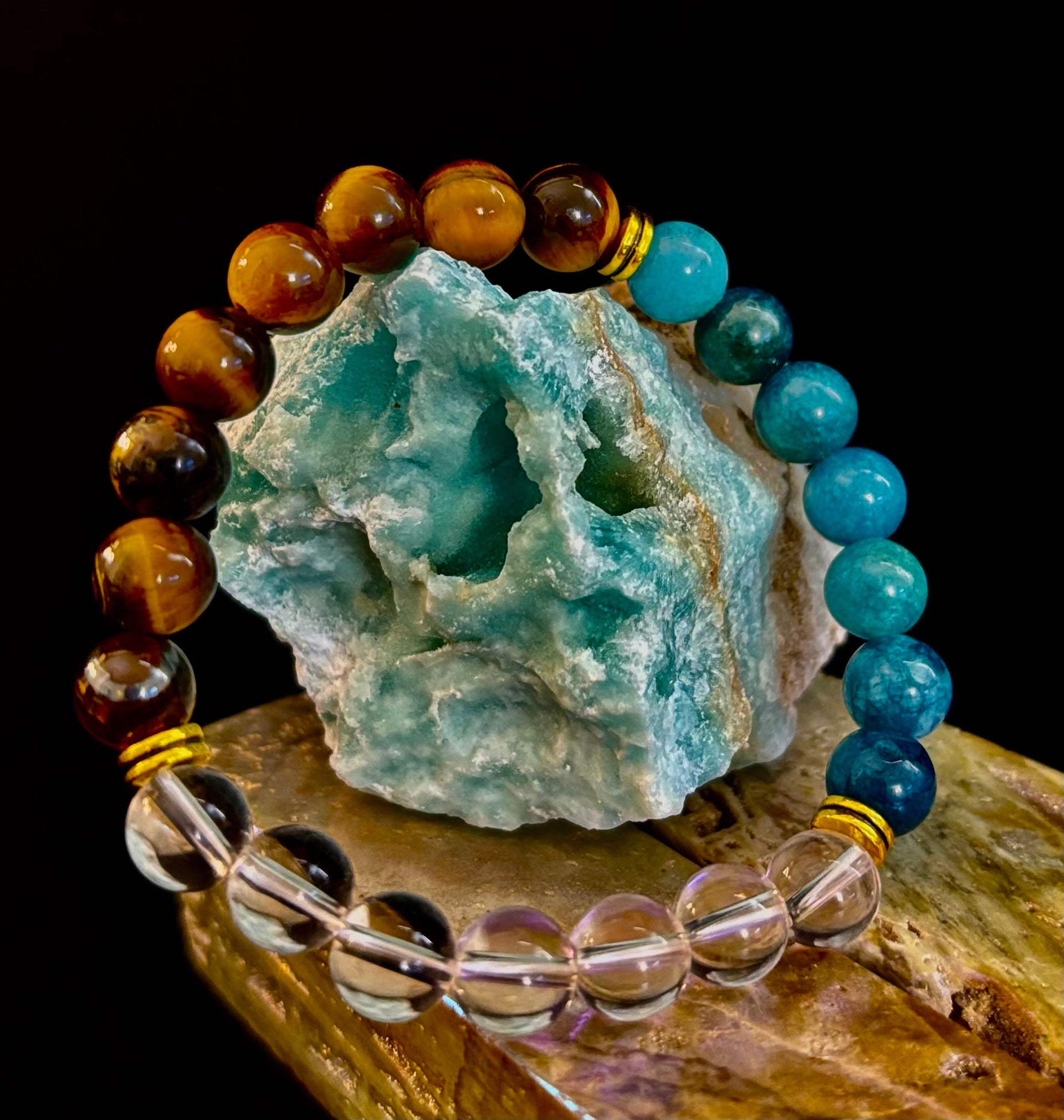 Blue Apatite Tiger Eye Clear Quartz Weight Loss Intention Bracelet - Image 2