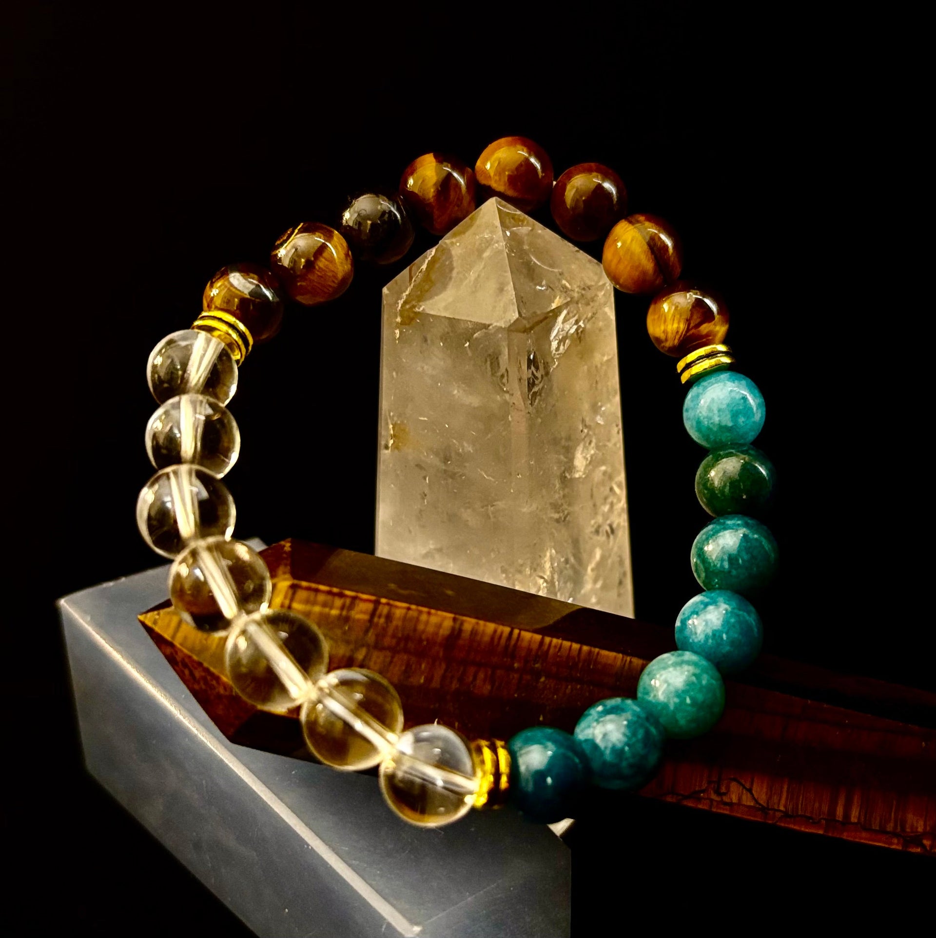 Blue Apatite Tiger Eye Clear Quartz Weight Loss Intention Bracelet - Image 15
