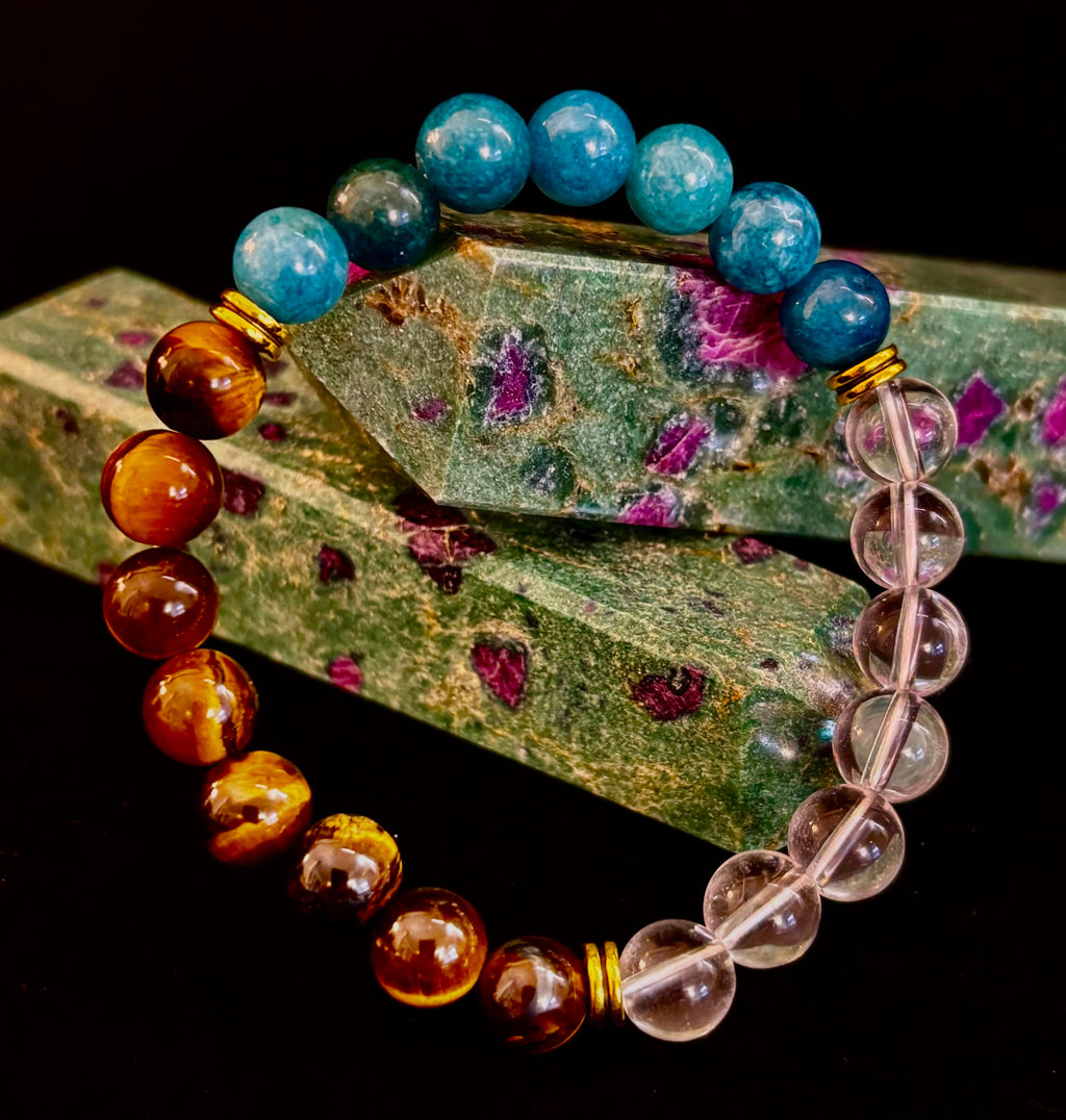 Blue Apatite Tiger Eye Clear Quartz Weight Loss Intention Bracelet - Image 17